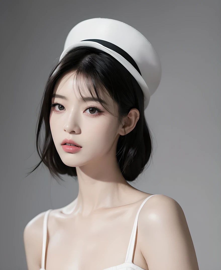 (((best quality, masterpiece, ultra-detailed, high quality photography, Canon EOS R3, photorealistic, fashion photography, sweet, fashion pose, Glaring))),((nail polish, eyeliner, eyelashes, lipstick, makeup)),official art,beauty and aesthetic,bust,solo,1girl,black dress,white hair,Delicate Hands,hat,abstract dark gray background,model in haute couture monochrome whole (issey sanyake) style,designed by rinko kawauchi,masterpiece portrait in zen style,editorial,