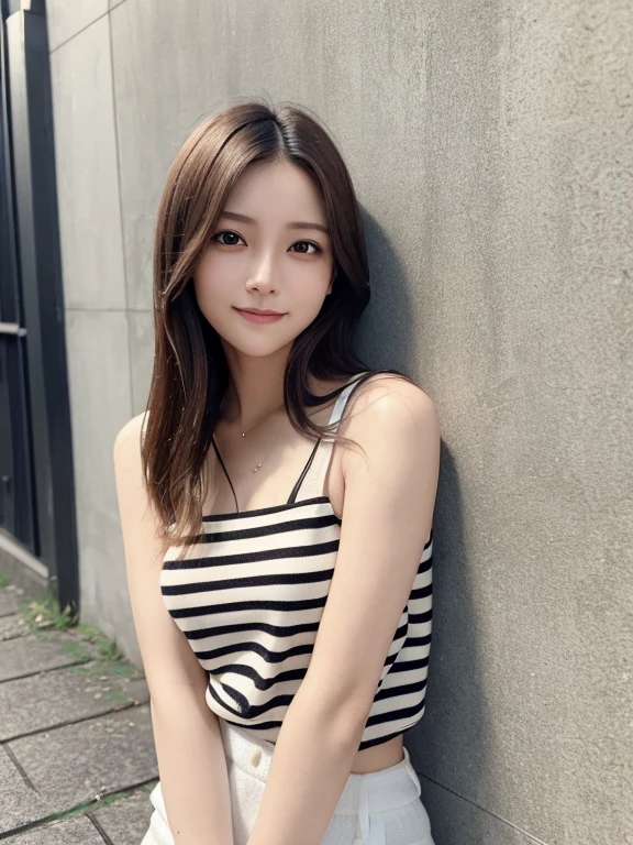 masterpiece, highest quality, High resolution,alone,Brown,artistic,Best lighting,Casual clothing,Flat Chest,Beautiful Face,expensive,smile,light makeup,Age 23,Calm woman,Detailed Hair,Laughing woman,Face Focus,short hair,Very white skin,Thin eyebrows,A woman wearing striped clothing,outside,night,Background Bokashi,illumination,Leaning against the wall,Low exposure