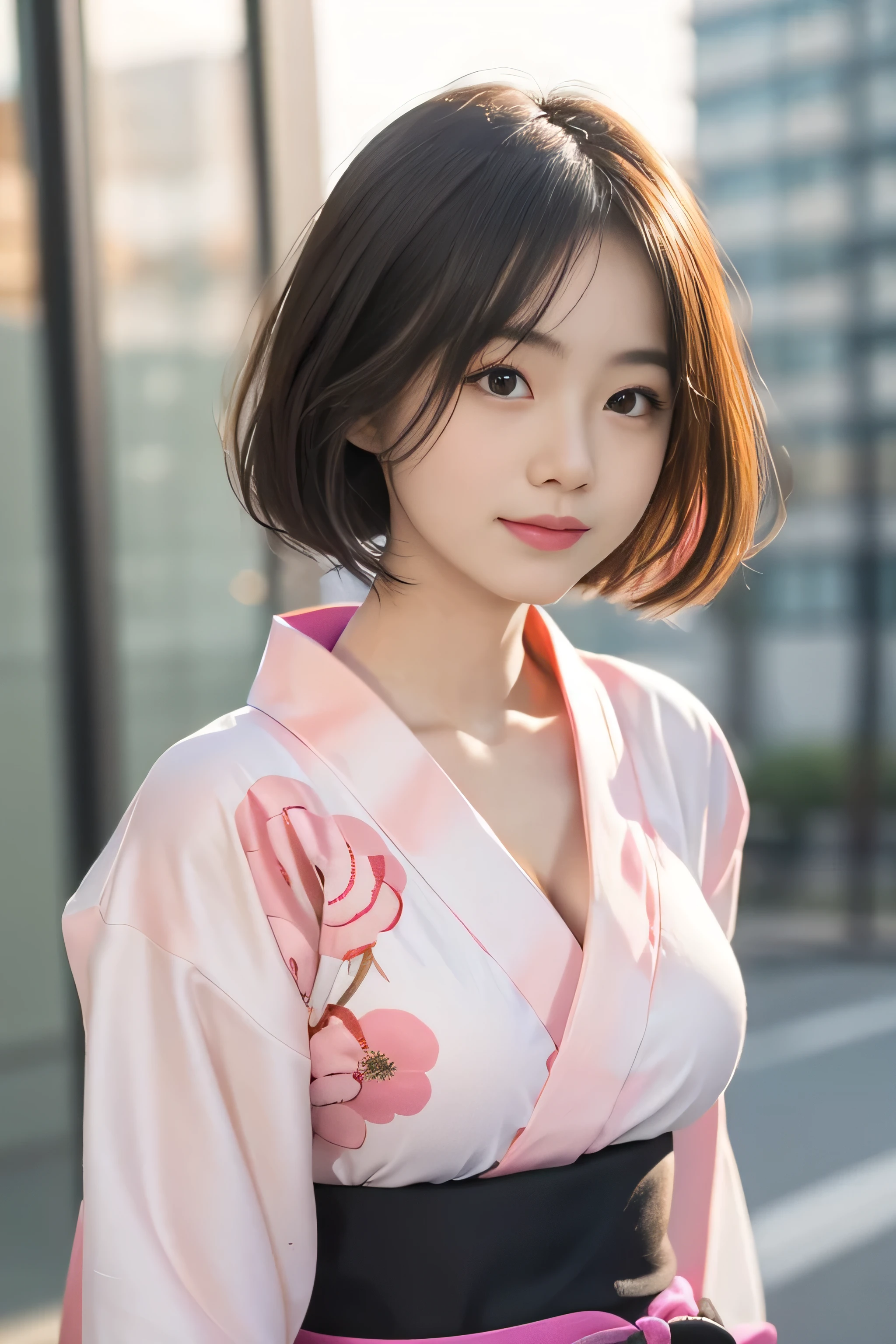 （8k、Raw photo、highest quality、masterpiece：1.2),(long bob cut),looking at the viewer,Looking at the front,sexy pose, strong,erotic,student,white skin,knees,absurd,small face,Part the front hair from the center、I can see the forehead,(please be shy,tight eyes,glare,strong,skinny,skinny,get annoyed)、masterpiece,highest quality、超A high resolution,one person, solo,close up shot、cute、Return to student,(Neat pink-based floral pattern yukata:1.5),high school girl,japanese woman,standing,（Photoreal：1.37）、photon mapping,realistic、cutesmall face,brown eyes、prospect、Depth of the bounds written、blurred background、picture,girls、(I can see the front hair), hair,  I can see the knees,thin clothing,, thigh,Nogizaka Idol, actress、natural breasts、cleavage、Super fine、low person、(Skin with visible pores:1.2)、(focus on face)、Check and correct garment structure, (Large Breasts:1.2),