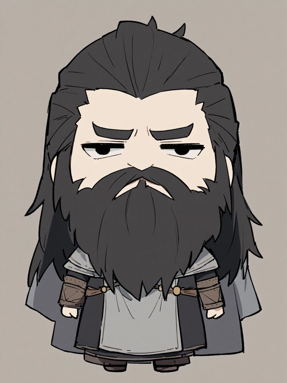 {{{kame (kamepan44231), full body, no humans, chibi, jitome, fumo (doll)}}}, straight-on, looking at viewer, medieval fantasy, solo, middle-aged, 1boy, solo, black robe, grey cape, wizard, mustache, (long beard:1.3), long sleeves, sanpaku, black eyes, long hair, hair slicked, straight hair, black hair, sunken cheeks, hair between eyes, smug.