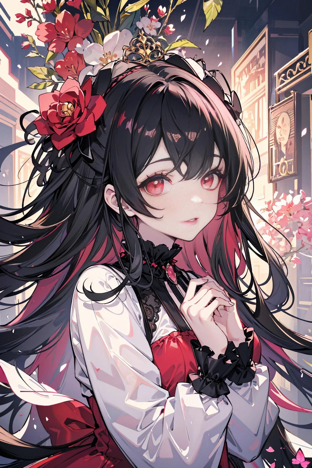 masterpiece,highest quality, Very detailed, beautiful, Exquisite, 16k, Full HD,Dynamic Angle,Gothic Lolita,Black Hair,Golden Eyes,Red dress,White skin,Long eyelashes, Big eyes,Pale pink cheeks,Upper Body,front