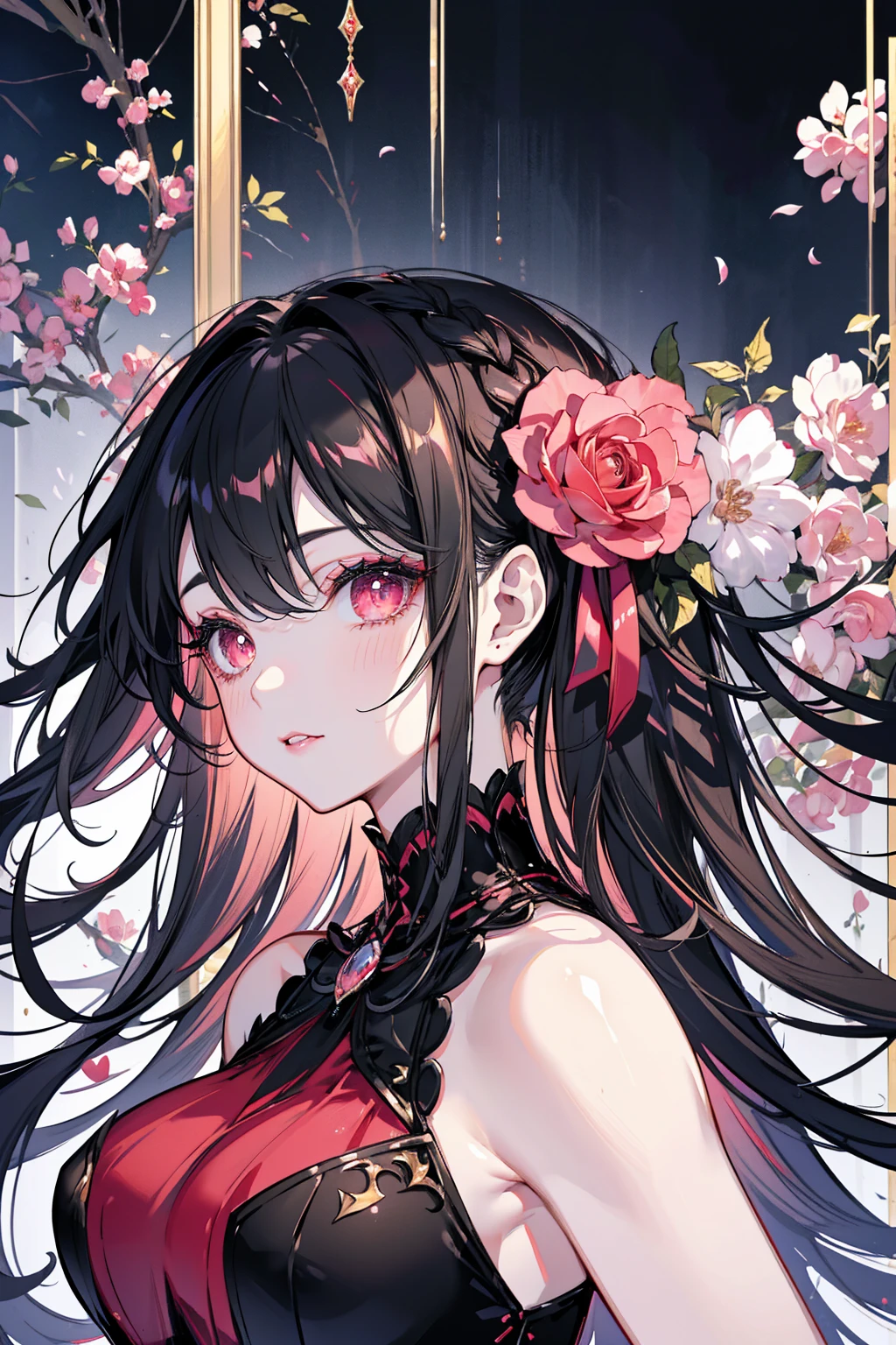 masterpiece,highest quality, Very detailed, beautiful, Exquisite, 16k, Full HD,Dynamic Angle,Gothic Lolita,Black Hair,Golden Eyes,Red dress,White skin,Long eyelashes, Big eyes,Pale pink cheeks,Upper Body,front