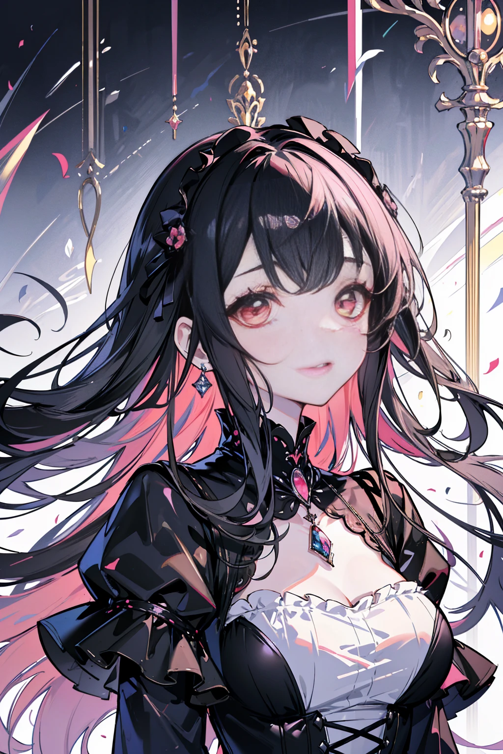 masterpiece,highest quality, Very detailed, beautiful, Exquisite, 16k, Full HD,Dynamic Angle,Gothic Lolita,Black Hair,Golden Eyes,Red dress,White skin,Long eyelashes, Big eyes,Pale pink cheeks,Upper Body,front