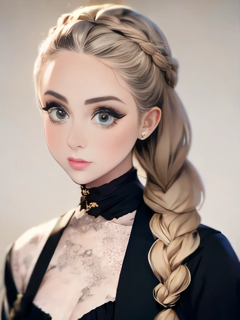 woman with long hair in a black dress and a brown jacket, a portrait inspired by Hermione Hammond, tumblr, art nouveau, long braided curly brown hair, braided brown hair, gorgeous kacey rohl, her wardrobe is attractive, olivia culpo as milady de winter, beautiful stella maeve magician, long dark braided hair, her hair is in a pony tail