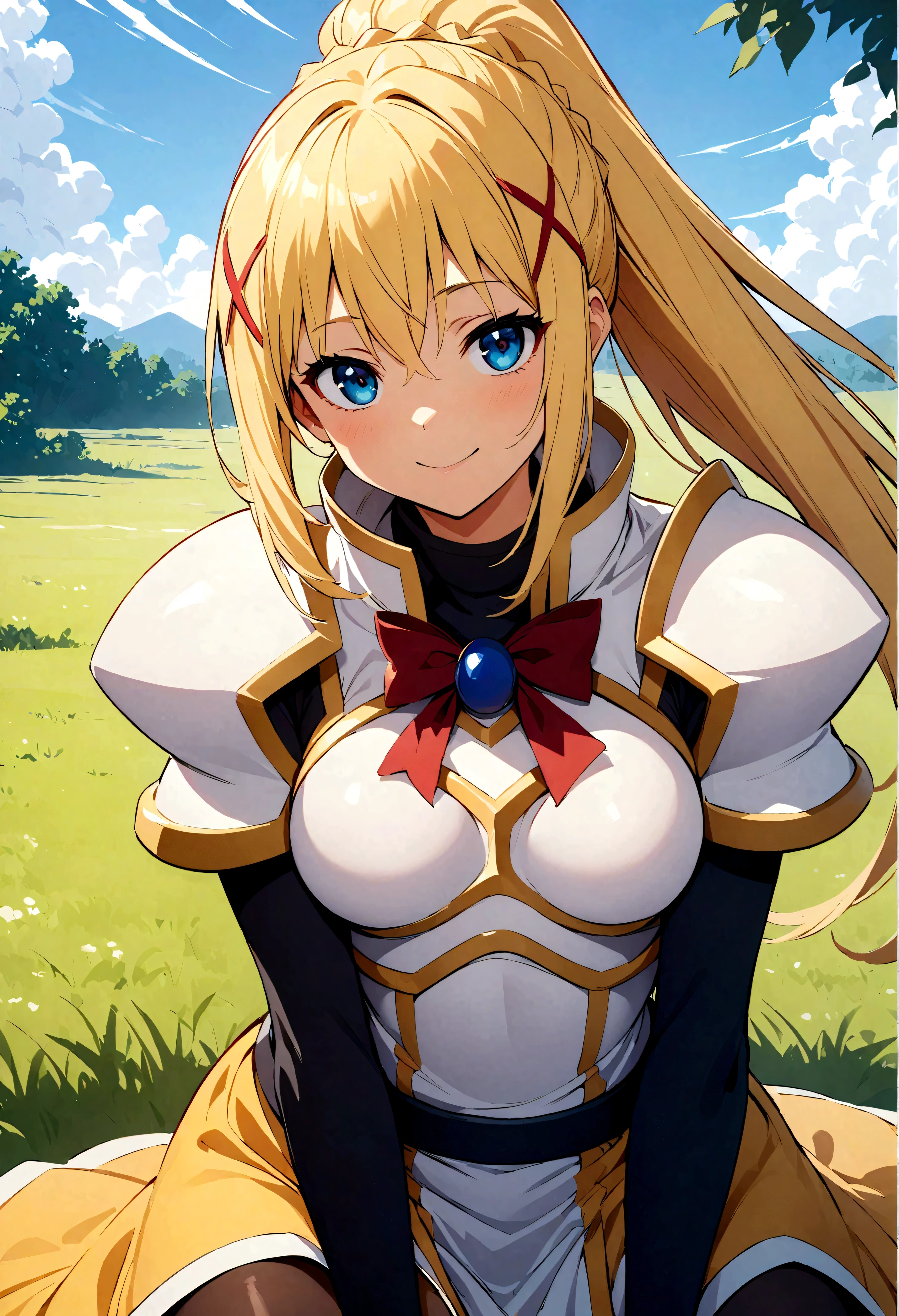 (highest quality:1.2, Anime artwork, Anime Style, Very detailed, up to date, Vibrant, digital coloring, High Contrast, masterpiece:1.2, highest quality, Best aesthetics), (((KonoSuba, KS Darkness, 1 female:1.2))), ((blonde, ponytail, x Hair accessories, White Armor, shoulder 鎧, Bodysuits, Black gloves, Yellow Dress)), smile, Sitting, Cowboy Shot, Grassland Background.