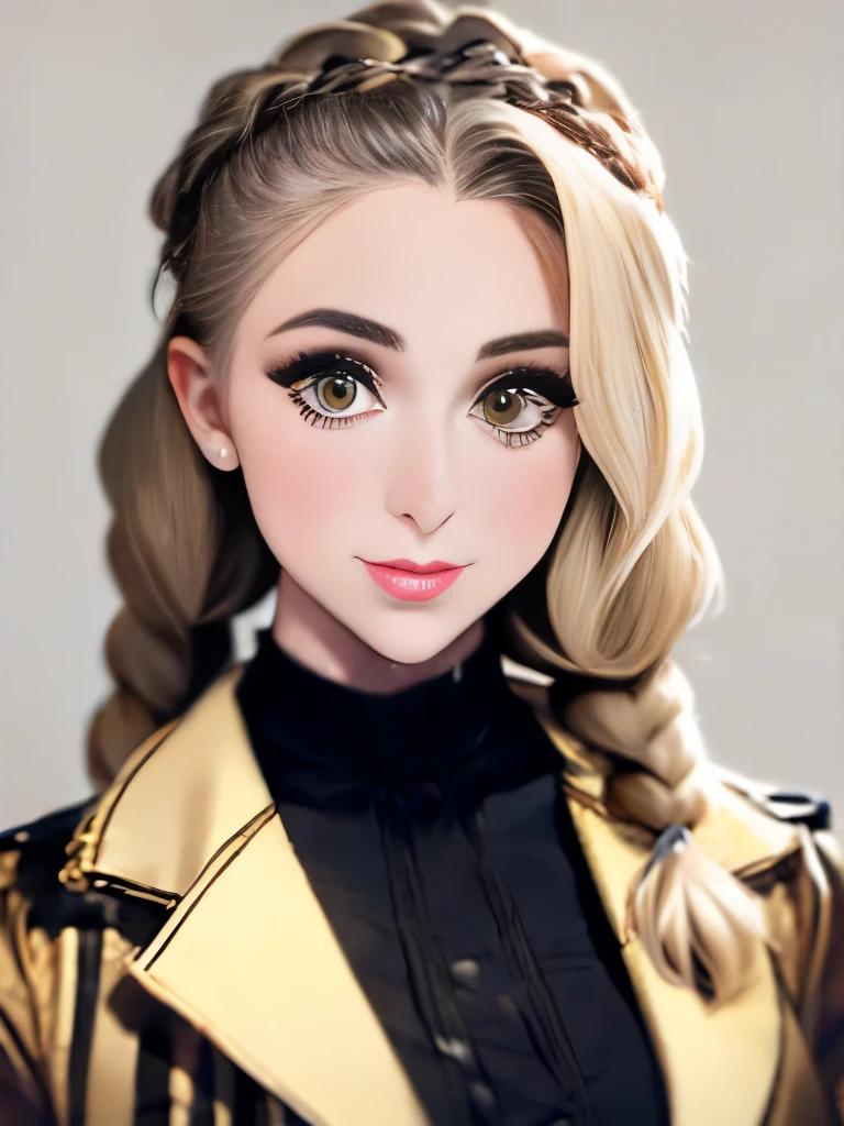 woman with long hair in a black dress and a brown jacket, a portrait inspired by Hermione Hammond, tumblr, art nouveau, long braided curly brown hair, braided brown hair, gorgeous kacey rohl, her wardrobe is attractive, olivia culpo as milady de winter, beautiful stella maeve magician, long dark braided hair, her hair is in a pony tail