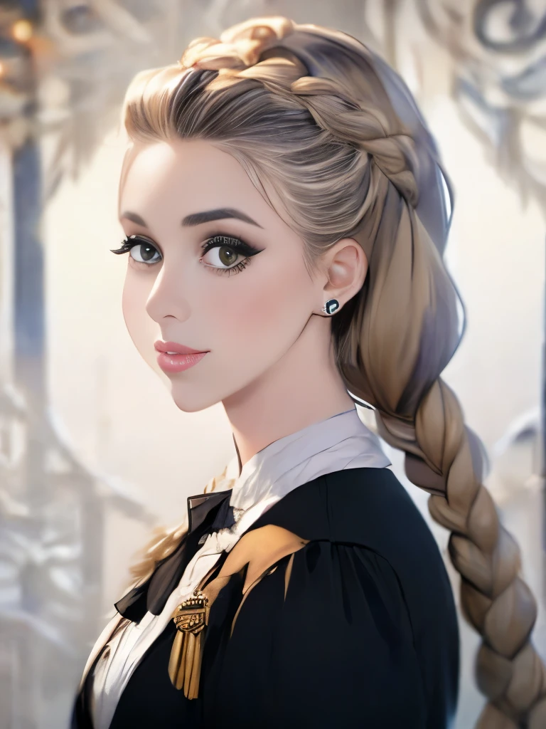 woman with long hair in a black dress and a brown jacket, a portrait inspired by Hermione Hammond, tumblr, art nouveau, long braided curly brown hair, braided brown hair, gorgeous kacey rohl, her wardrobe is attractive, olivia culpo as milady de winter, beautiful stella maeve magician, long dark braided hair, her hair is in a pony tail