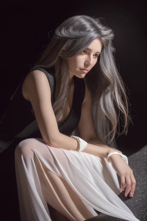 (front focus), (in the dark:1.6), Surrealist female portraits by David Hockney and Alphonse Mucha, fantasy art, photo realistic, dynamic lighting, art station, poster, volumetric lighting, very detailed face, 4K, Awards, 1 woman, in the dark, deep shadows, low key, cowboy shot, (formal clothing:1.4), long hair, gray hair