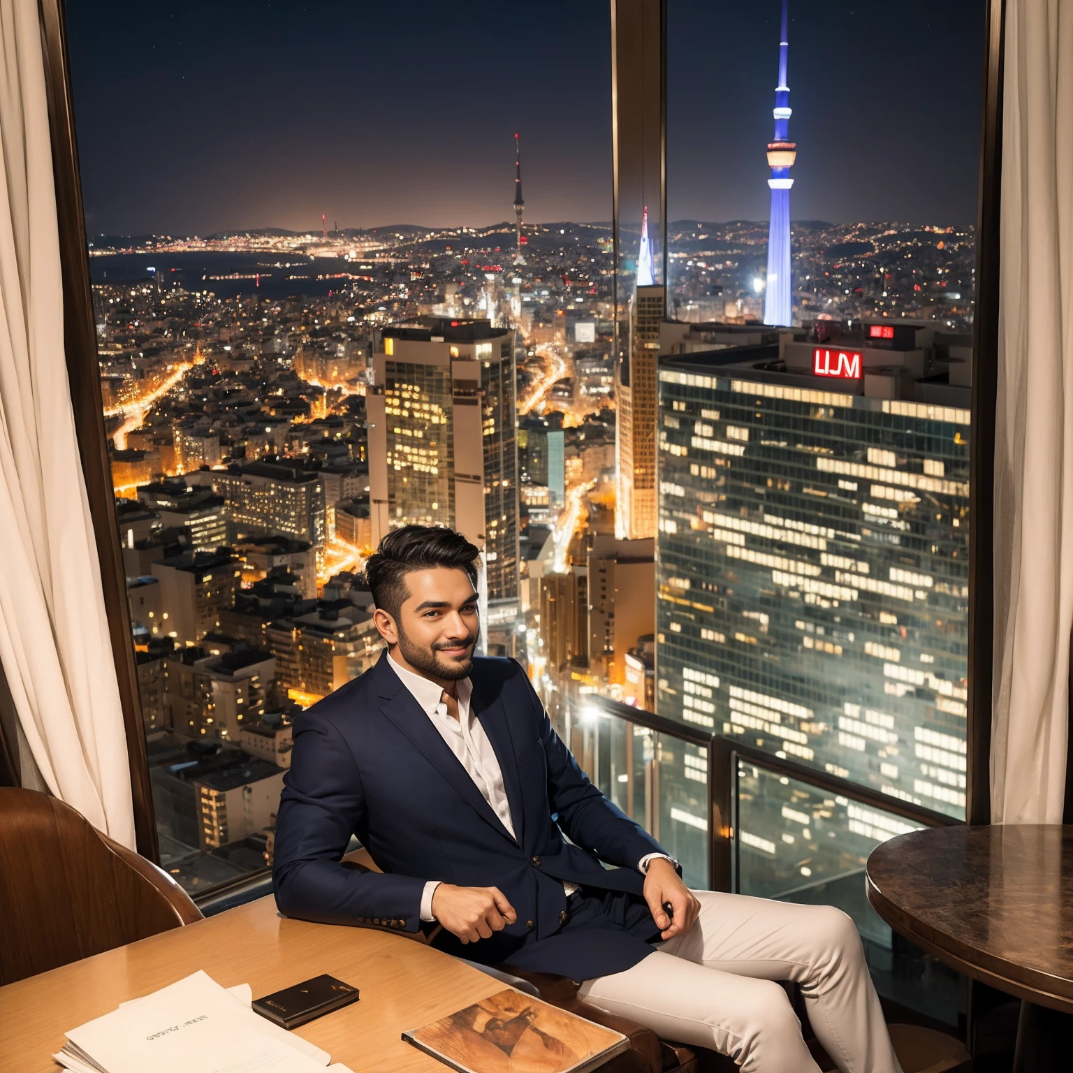 Revival of the Roman Emperor Constantine the Great。male, Age 34。A kind smile。Career list。The gentle yet overwhelming aura of a ruler。honest and kind, but、Cold and firm when you need it.。enthusiastic and talented at work。bright and sharp eyes。Lion-like eyes。wearing a chic high-class suit。Successful businessman。Fluffy short hair。Thin but strong and muscular body。long body。Relaxing in the hotel lounge。Through a large window, You can see the jewel-like night view of Istanbul...。Modern。Gorgeous。elegant。masterpiece。super high quality。