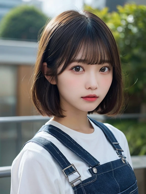 Woman wearing overalls,have a gun in hand,Rain background, fight,neat hair With bangs, Short fine hair, Bob hairstyle, Short fine hair With bangs, Round-faced Southeast Asian, Cute and delicate face of a girl, With bangs, Korean Girls, Young and pretty Asian face, Korean symmetrical face, Center-parted bangs,