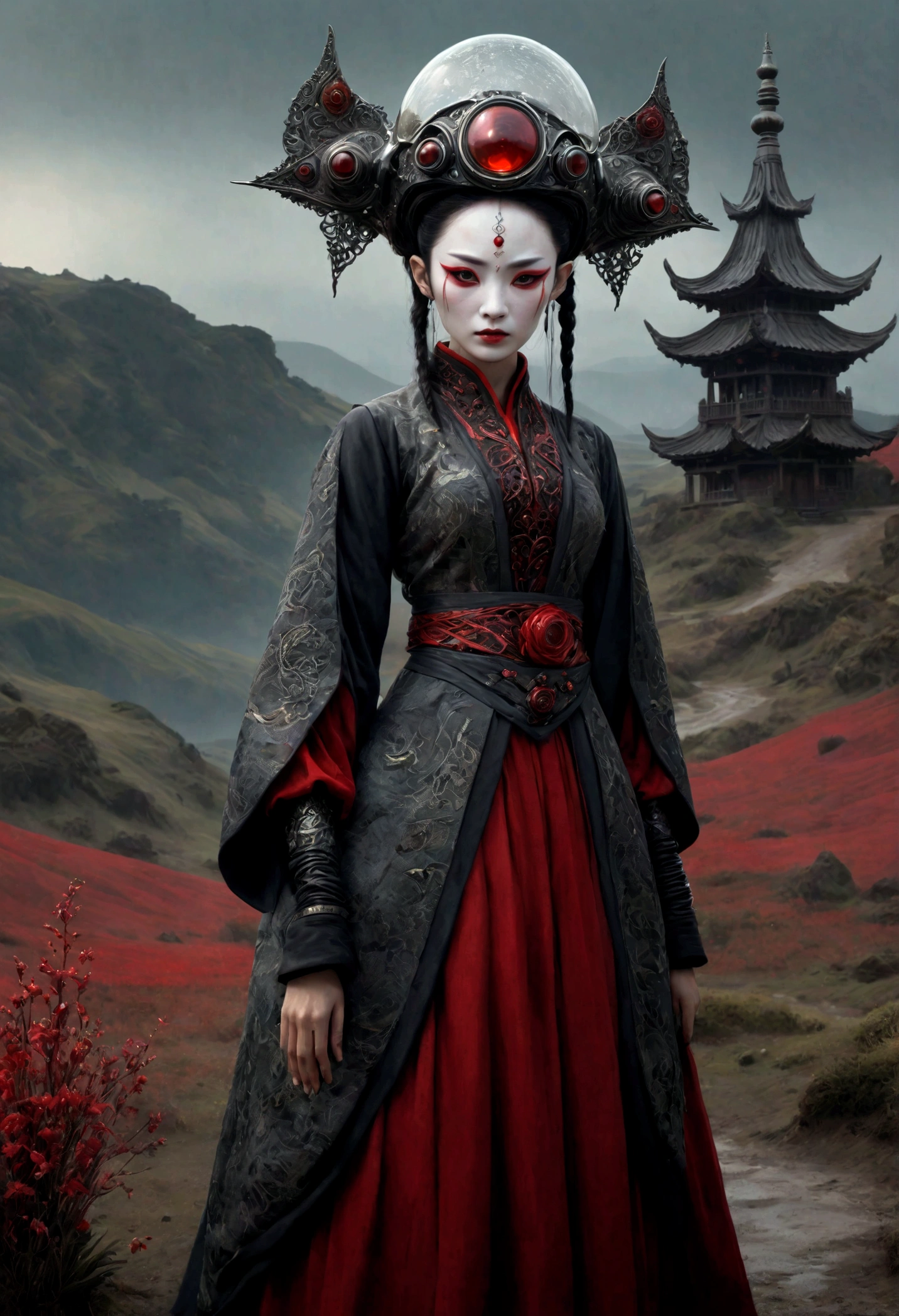 heght view on himera babygirl elf,hanfu,once pretty face,eyebrow up,full body shot,ominous landscape,glate gray atmosphere,wariza,Bun Hair,(Folk clothes:1.5), long dress, pronounced feminine feature, Complex background,  [night landscape],junkie, red and black, organic outfit with a curved mask and a glass dome visor, organic surrounding dead flowers and plants, dynamic glamor pose holding exquisite engraved space gun, fashionable alien  heroine, vespertine, futuristic clothing and glass, movie still, avante garde design stylings inspired by red and black squares and curves(Intricate:1.4), decadent,prime colors,extremely detailed, masterpiece,intricate details,faded,eyes extremely detailed, insane details, intricate details, hyper-detailing,full-body-shot,  Technicolor,natural skin textures, hyper realisitc, hyper detailed,High contrast,Masterpiece,Realistic,Ultra Detailed,intricate details,realistic humid skin,extremly intricate,Epic Realistic, Romantic, cinematic style,by art irina yermolova,orc, messy hair,masterpiece, high detailed eyes,8k resolution,RAW, Nikon Z9,by jimmy chin,by art Simon Stalenhag,Nicola Samori,Wangechi Mutu,Lisa Frank,(professional 3d render:1.3)

