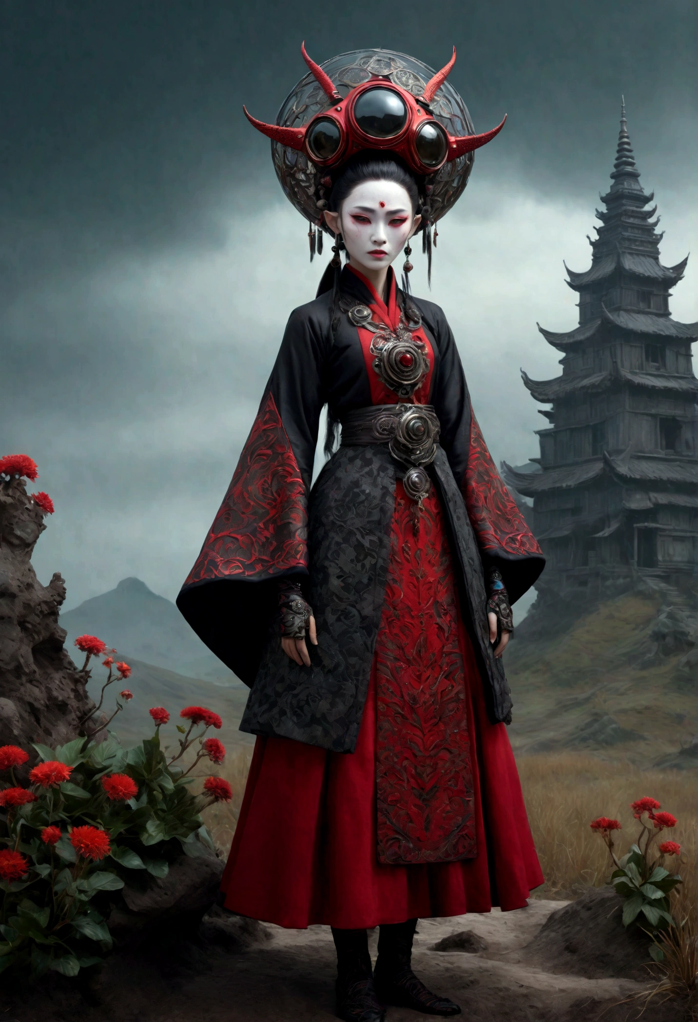 heght view on himera babygirl elf,hanfu,once pretty face,eyebrow up,full body shot,ominous landscape,glate gray atmosphere,wariza,Bun Hair,(Folk clothes:1.5), long dress, pronounced feminine feature, Complex background,  [night landscape],junkie, red and black, organic outfit with a curved mask and a glass dome visor, organic surrounding dead flowers and plants, dynamic glamor pose holding exquisite engraved space gun, fashionable alien  heroine, vespertine, futuristic clothing and glass, movie still, avante garde design stylings inspired by red and black squares and curves(Intricate:1.4), decadent,prime colors,extremely detailed, masterpiece,intricate details,faded,eyes extremely detailed, insane details, intricate details, hyper-detailing,full-body-shot,  Technicolor,natural skin textures, hyper realisitc, hyper detailed,High contrast,Masterpiece,Realistic,Ultra Detailed,intricate details,realistic humid skin,extremly intricate,Epic Realistic, Romantic, cinematic style,by art irina yermolova,orc, messy hair,masterpiece, high detailed eyes,8k resolution,RAW, Nikon Z9,by jimmy chin,by art Simon Stalenhag,Nicola Samori,Wangechi Mutu,Lisa Frank,(professional 3d render:1.3)
