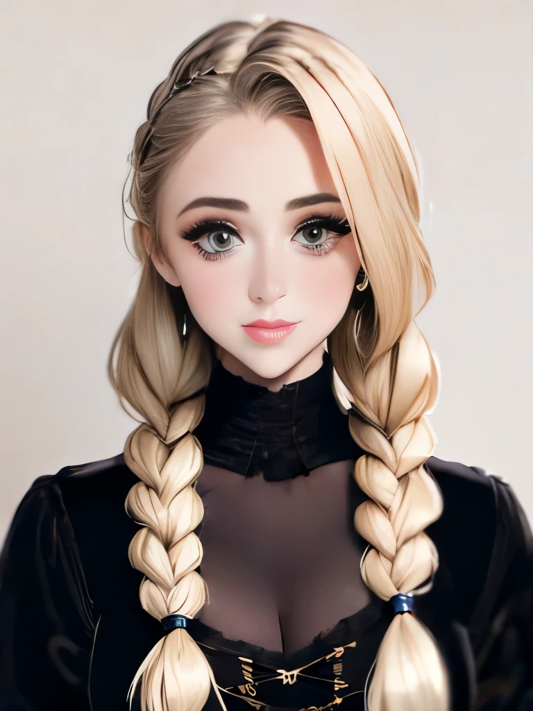 woman with long hair in a black dress and a brown jacket, a portrait inspired by Hermione Hammond, tumblr, art nouveau, long braided curly brown hair, braided brown hair, gorgeous kacey rohl, her wardrobe is attractive, olivia culpo as milady de winter, beautiful stella maeve magician, long dark braided hair, her hair is in a pony tail