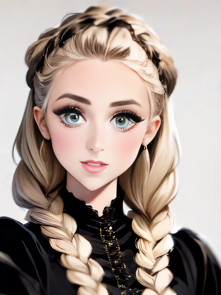woman with long hair in a black dress and a brown jacket, a portrait inspired by Hermione Hammond, tumblr, art nouveau, long braided curly brown hair, braided brown hair, gorgeous kacey rohl, her wardrobe is attractive, olivia culpo as milady de winter, beautiful stella maeve magician, long dark braided hair, her hair is in a pony tail