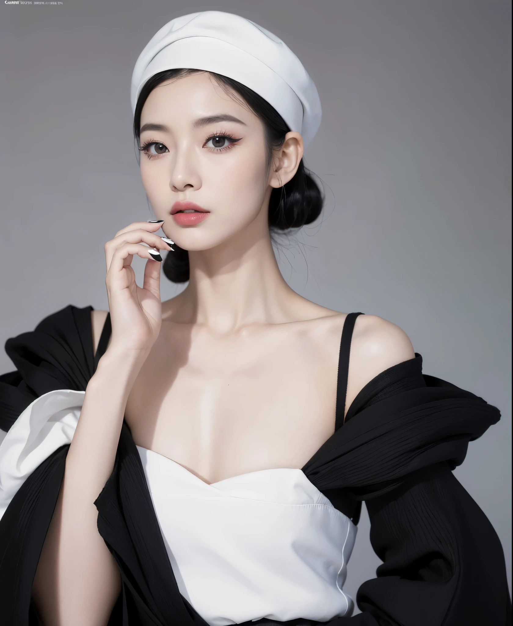 (((best quality, masterpiece, ultra-detailed, high quality photography, Canon EOS R3, photorealistic, fashion photography, sweet, fashion pose, Glaring))),((nail polish, eyeliner, eyelashes, lipstick, makeup)),official art,beauty and aesthetic,bust,solo,1girl,black dress,white hair,Delicate Hands,hat,abstract dark gray background,model in haute couture monochrome whole (issey sanyake) style,designed by rinko kawauchi,masterpiece portrait in zen style,editorial,