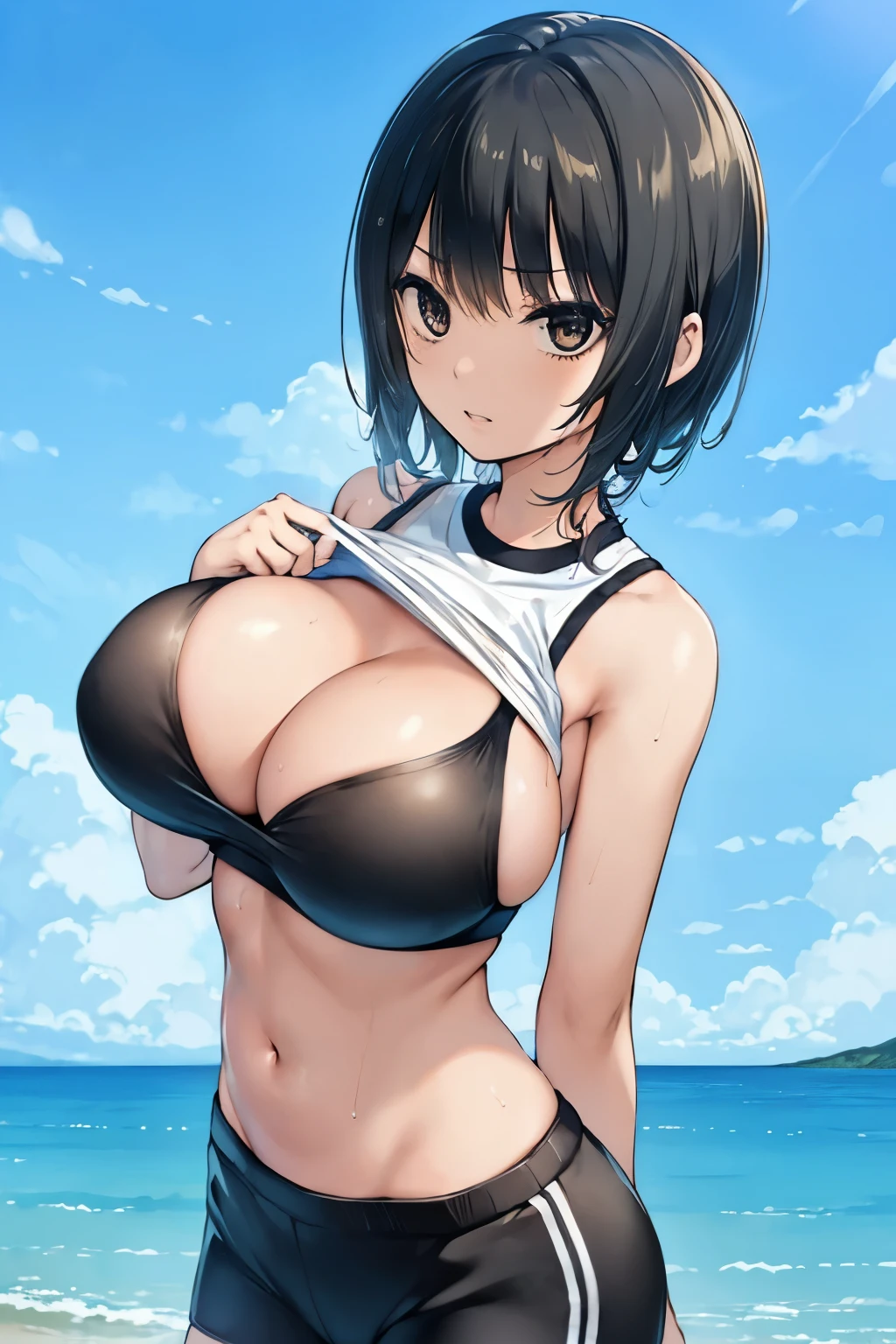 (masterpiece, highest quality, super detailed), (sumika), 1girl,  (slim:1.7), short hair, black hair, (big breasts:1.2),(round breast),full bust,busty,ample breast,slender,skinny body,(black bra),(shirt lift:1.2),((show off bra)),toned stomach, raised, Wet , Sweat,  beautiful face,  (Big eyes:1.5), cute,  fog, standing, ((gym uniform)), (big brests:1.4),school,from behind, Sports field, (breast focus:1.2),cleavage