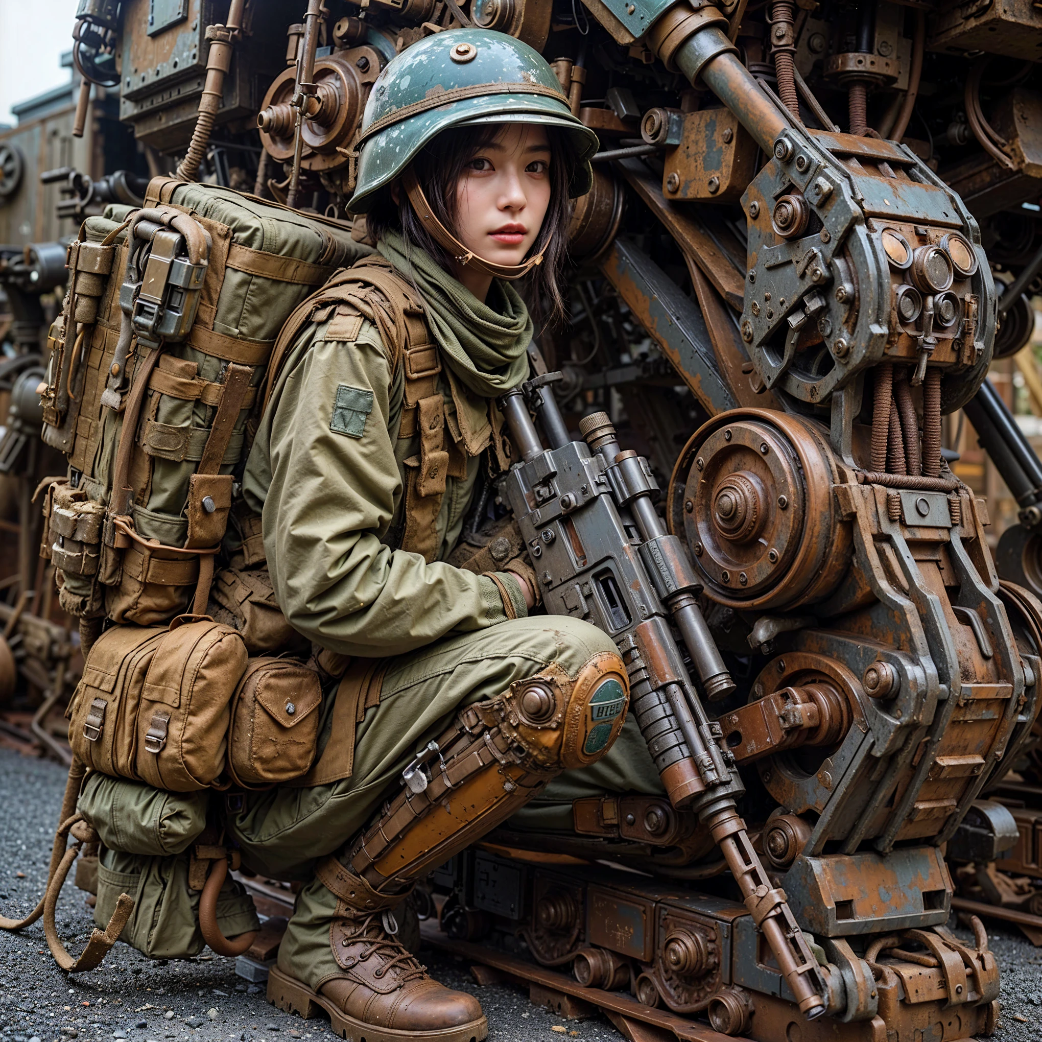 ((super intricate all details)),((super realistic all textures)),Overall photo of a female soldier sitting on a piece of fictional WWII Japanese military type weapon, beautiful face, dirty clothes, very intricate details, olive drab paint, peeling paint, weathering, rust, taken with Fuji film X-T30+Nokton. HDR10