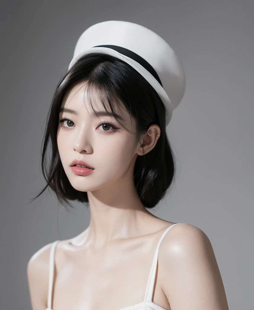(((best quality, masterpiece, ultra-detailed, high quality photography, Canon EOS R3, photorealistic, fashion photography, sweet, fashion pose, Glaring))),((nail polish, eyeliner, eyelashes, lipstick, makeup)),official art,beauty and aesthetic,bust,solo,1girl,black dress,white hair,Delicate Hands,hat,abstract dark gray background,model in haute couture monochrome whole (issey sanyake) style,designed by rinko kawauchi,masterpiece portrait in zen style,editorial,