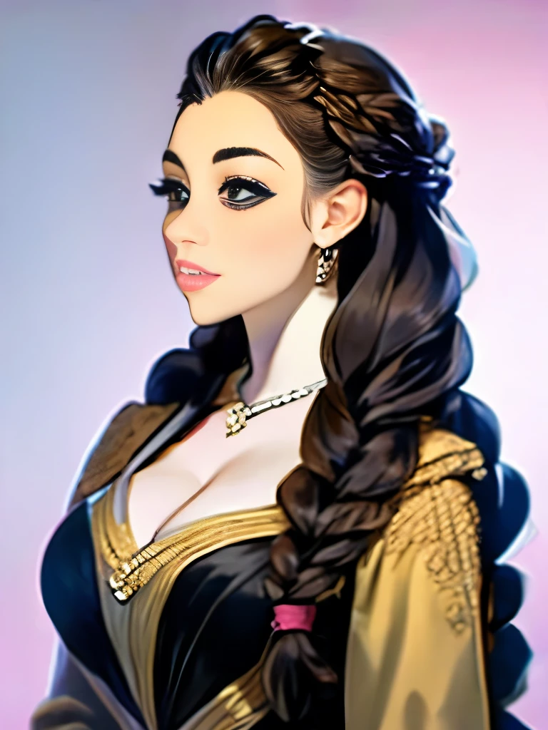 woman with long hair in a black dress and a brown jacket, a portrait inspired by Hermione Hammond, tumblr, art nouveau, long braided curly brown hair, braided brown hair, gorgeous kacey rohl, her wardrobe is attractive, olivia culpo as milady de winter, beautiful stella maeve magician, long dark braided hair, her hair is in a pony tail