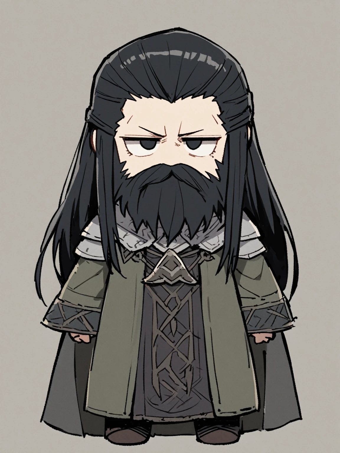 {{{kame (kamepan44231), full body, no humans, chibi, jitome, fumo (doll)}}}, straight-on, looking at viewer, medieval fantasy, solo, middle-aged, 1boy, solo, black robe, grey cape, wizard, mustache, (long beard:1.3), long sleeves, sanpaku, black eyes, long hair, hair slicked, straight hair, black hair, sunken cheeks, hair between eyes, smug.