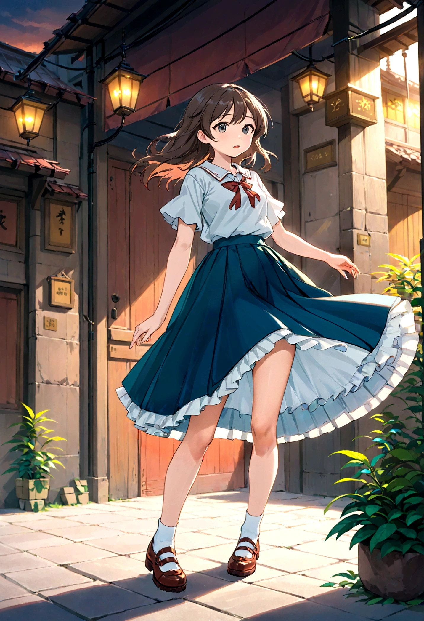 A skirt puffed up by the strong wind、、Skirt that is flipped、Trailing behind、
裏地がI can see it　、White lining、I can see it、Anime White Panties、Crotch is visible

