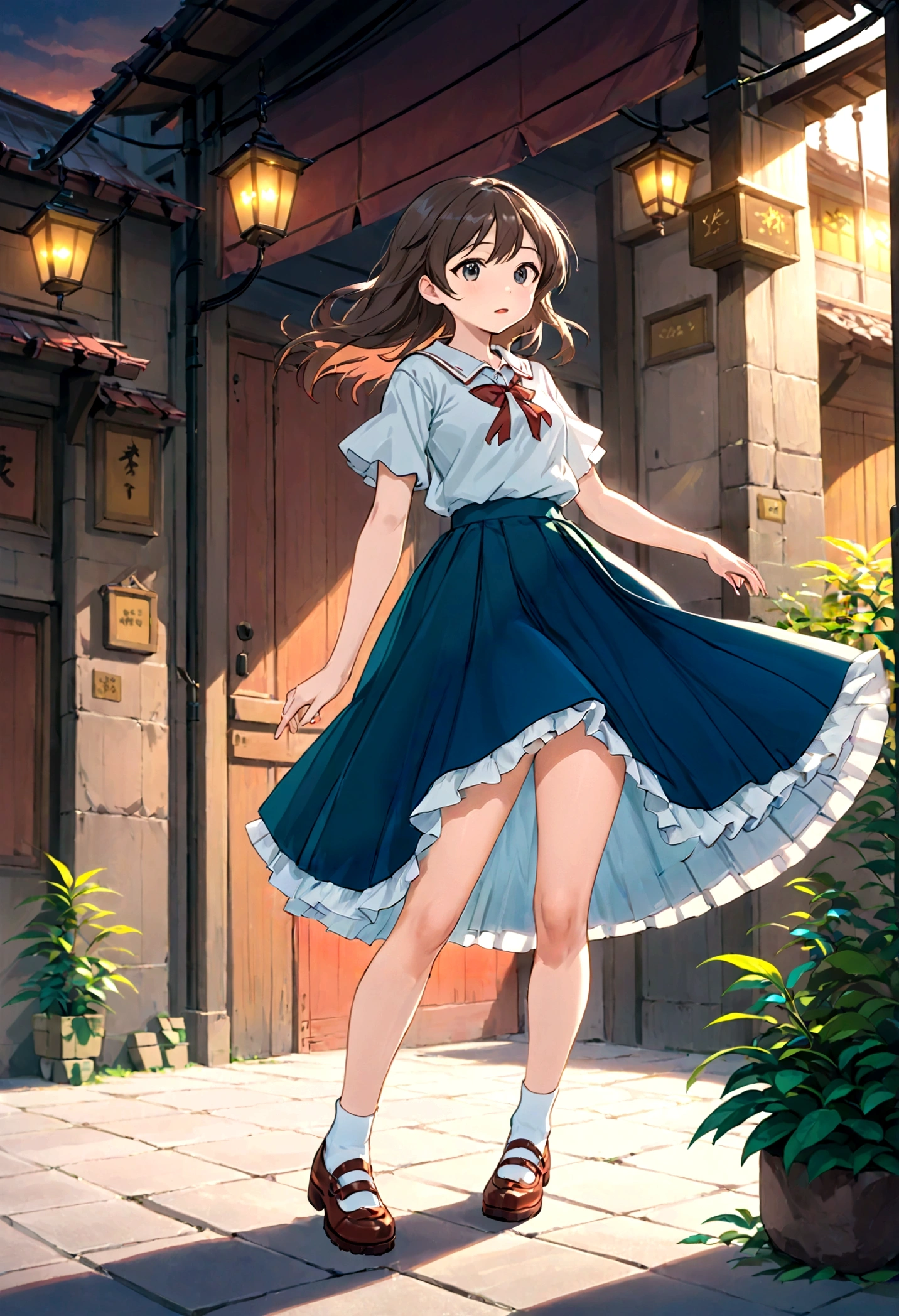 A skirt puffed up by the strong wind、、Skirt that is flipped、Trailing behind、
裏地がI can see it 、White lining、I can see it、Anime White Panties、Crotch is visible
