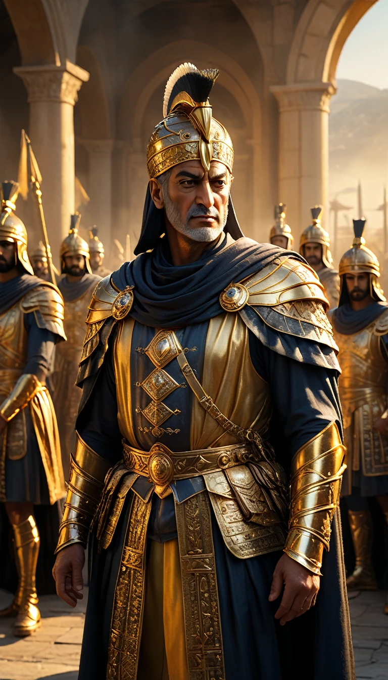 The warm golden hues of the sun illuminated his ornate attire, casting a warm glow across the area, Ground-level shot, Selfie of king Xerxes with his army after the defeat of Greece, background dark, hyper realistic, ultra detailed hyper realistic, photorealistic, Studio Lighting, reflections, dynamic pose, Cinematic, Color Grading, Photography, Shot on 50mm lens, Ultra-Wide Angle, Depth of Field, hyper-detailed, beautifully color, 8k,