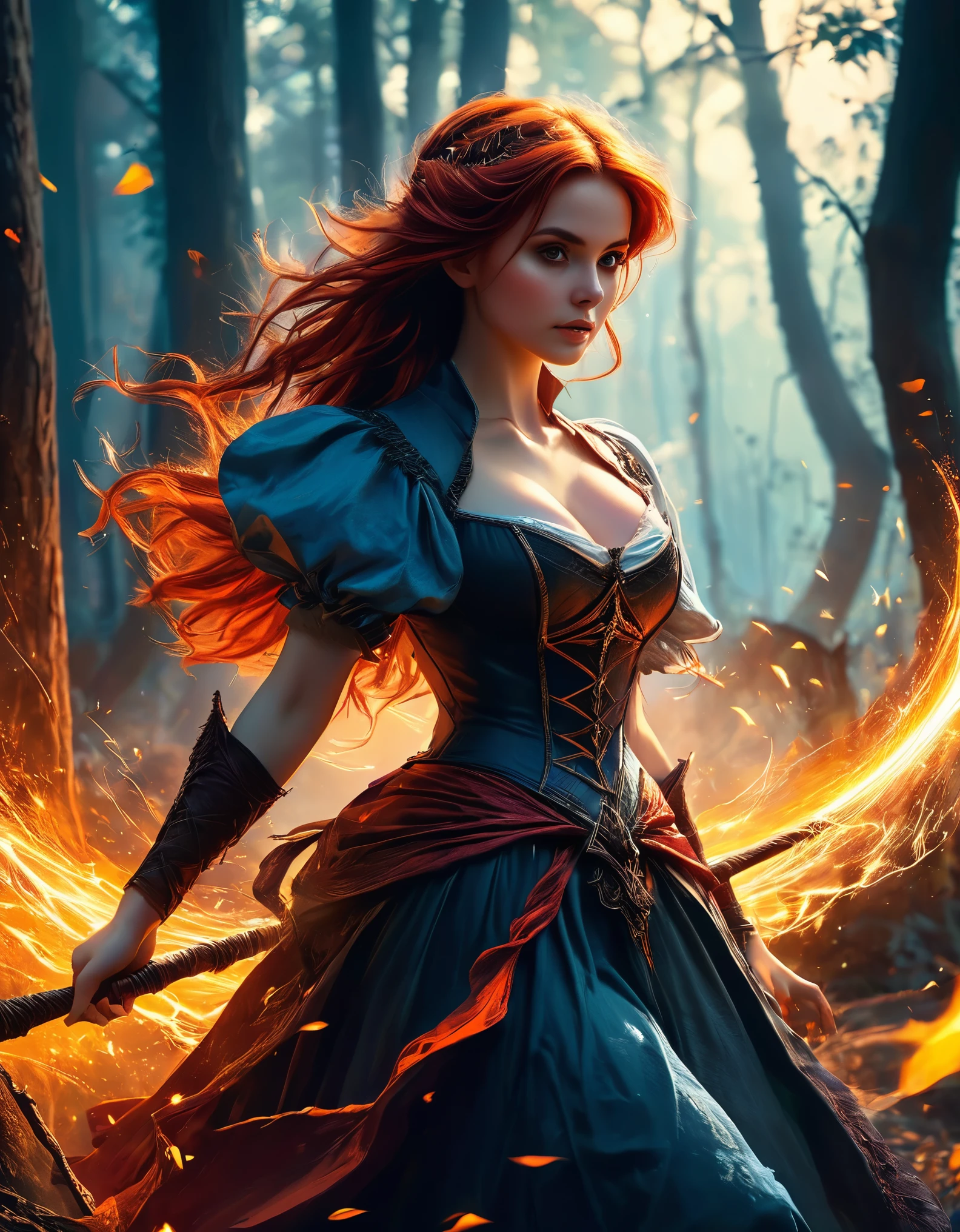 show beautiful Witch while flying on a broomstick with shining lights surrounding her in a medieval forest, color, wide shot, fiery red, red hair, shadow, medieval fantasy, high contrast color, lithography, 80s role-playing game cover art, noise, masterpiece, high quality, cinematic atmosphere, surroundings illuminated by magical light, dramatic lighting, magical sparks and embers in the air, a witch floating in the air, her broom following an ethereal light, an enchanting and powerful presence.