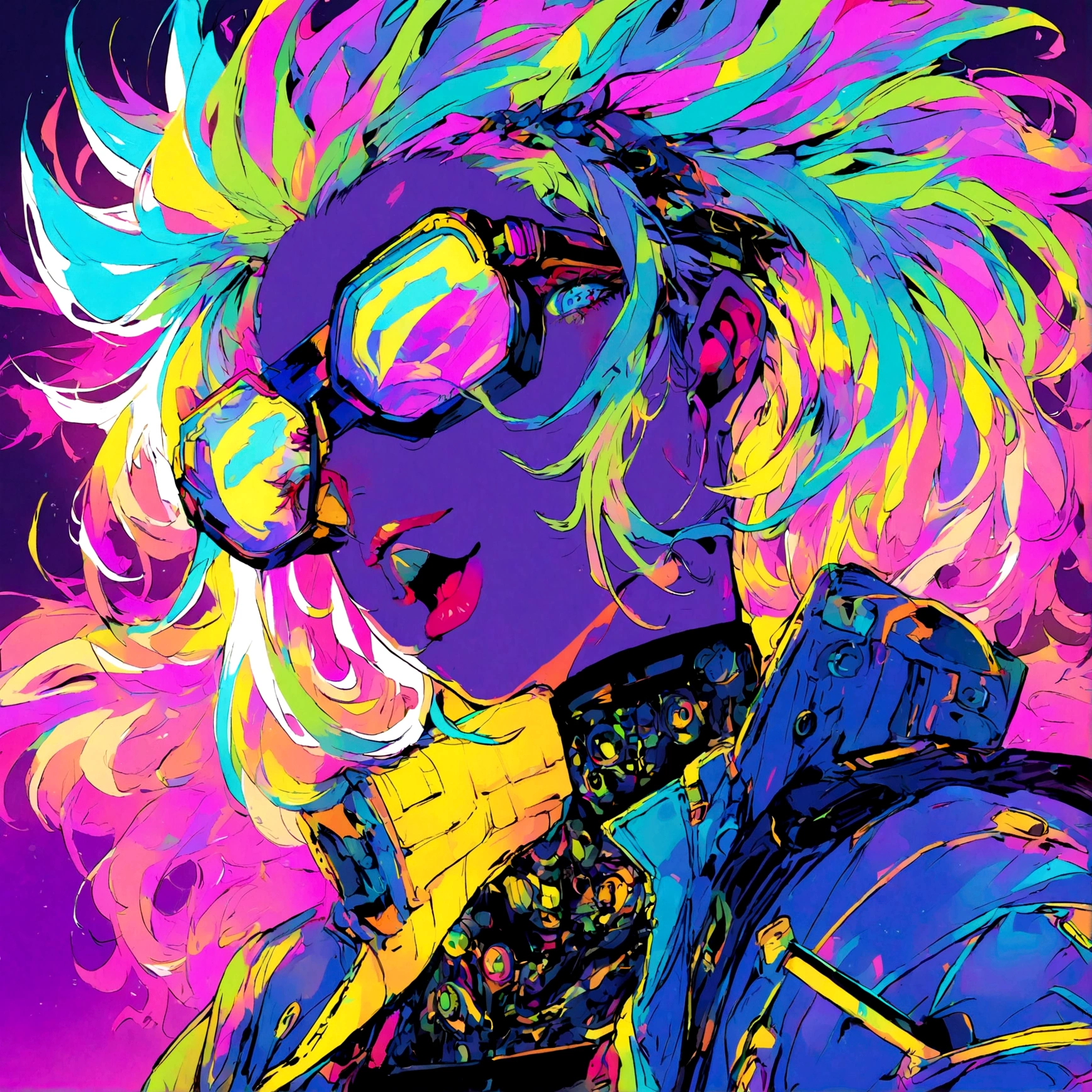 a portrait of a sexy female with cyberpunk features, has spiked multi colored hair, glowing neon lights, wearing glowing cybperpunk clothing, spiked hair, wearing cyber sunglasses