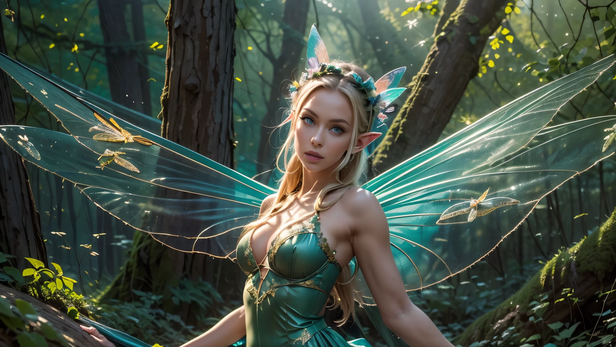 Beautiful faerie woman, elf ear, flying, hovering, floating, centered holographic dragonfly wings, balanced wings, glowing blue eyes, detailed proportional hand, manicured hands, proportional body, firm breast, silk tutu, oak tree forest, frank Frazzetta painting style, (Best Quality:1.4), (Ultra-detailed), (extremely detailed CG unified 8k wallpaper), Highly detailed, RAW Photos, Professional Photography, plein air, Illumination, (Super fancy photos:1.4), (Dazzling light), Radiant Photography, depth of fields,