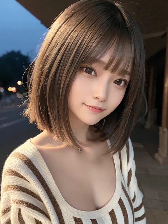 masterpiece, highest quality, High resolution,alone,Brown,artistic,Best lighting,Casual clothing,Flat Chest,Beautiful Face,expensive,smile,light makeup,Age 23,Calm woman,Detailed Hair,Laughing woman,Face Focus,Bob Cut Hair,Very white skin,Thin eyebrows,A woman wearing striped clothing,outside,night,Background Bokashi,illumination,Low exposure