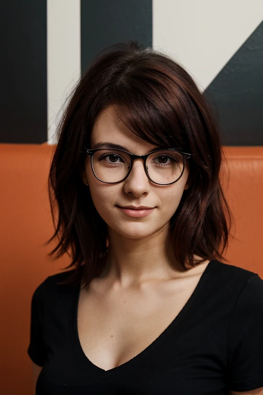 arafed woman with glasses and a black top posing for a picture, 18 years old, black and red hair, 21 years old, 2 2 years old, messy black / red hair, 30-year-old french woman, with glasses, 2 7 years old, 2 8 years old, 2 3 years old, 30 years old woman