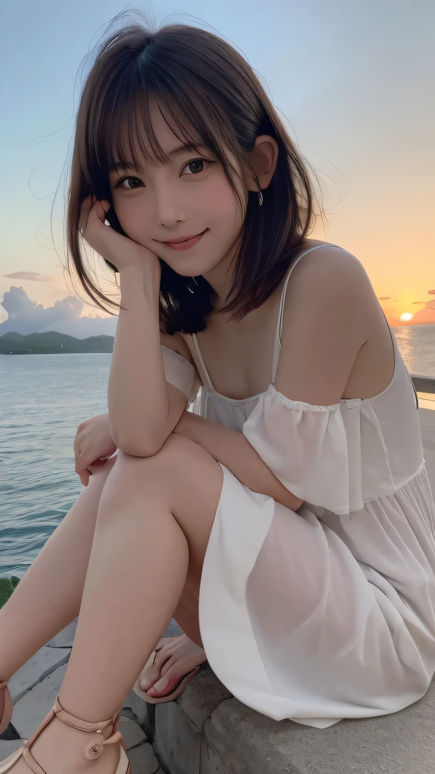 closeup shot , Best picture quality (8K, high resolution, Masterpiece: 1.2), super detailed,  215 Short Hair, -yeld wo, 

situation: Relaxing while watching the sunset on Senaga Island in Okinawa。
clothing: Elegant summer dresses、Sandals for your feet。Hair tied up loosely、Let it flutter in the wind a little。
angle: With the sunset as a background、Photographed from the side to highlight the silhouette。Sitting posture and、Close-up of a person&#39;s profile gazing at the sunset over the sea。A full-body shot of the subject standing with the setting sun behind them is also effective.。
Close-up of face

, random cute pose ,big eyes ,Puffy eyes ,  Heart Pupil, blush  , huge shy smile , salute

