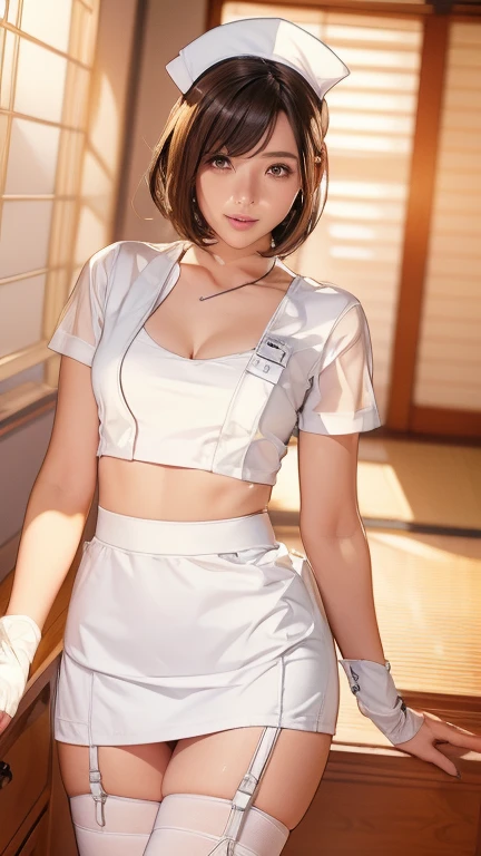 (highest quality: 1.5), (Genuine: 1.5), (1 person: 1.5), (Skinny body:1.5), whole body, (Very detailed), (High resolution), (Medium sized breasts with some sagging), Natural color lips, Japanese women, 24-year-old girl, Thin eyebrows, Beautiful and elegant face, Cute Face, arched thin eyebrows, (large eyes balanced on the left and right sides,), Cute eyes, Beautiful Eyes, Beautiful thin nose, Beautiful face line, Fair skin, Beautiful and elegant features, Natural Bangs, Beautiful and thin nose, Beautiful Skin, medium Bob Hair, (Bob Hair:1.5), Natural Bangs, Perfect and beautiful facial features, Slim face and figure, (Bright lighting), (Professional Lighting:1.5), (Front lighting), Beautiful cleavage, 1 girl, Cute and sexy 24 year old woman, slim japanese women, Fair skin, (Cute Smile), Beautiful breasts, Room with large windows, Beautiful hip line, (Slim Hips:1.2), Beautiful slim thighs, (Japanese Idols:1.5), Beautifully detailed skin, (White Micro Miniskirt Nurse Costume: 1.5), (White micro bikini), White Cute Pose, (Miniskirt Nurse Costume), (White bra), Garter Straps, (See-through white dress), Elbow hand pockets, String, See through, See-through nurse, (masterpiece), 8k