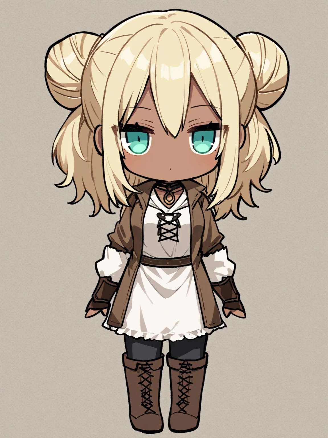 {{{kame (kamepan44231), full body, no humans, chibi, jitome, fumo (doll)}}}, straight-on, looking at viewer, medieval fantasy, solo, 1girl, medium hair, blond hair, dark skin, hair between eyes, two hair buns, sidelocks, aqua eyes, seductive smile, white tunic, gauntlets, brown jacket, black pants, leather boots, adventurer, medium breasts, gyaru,