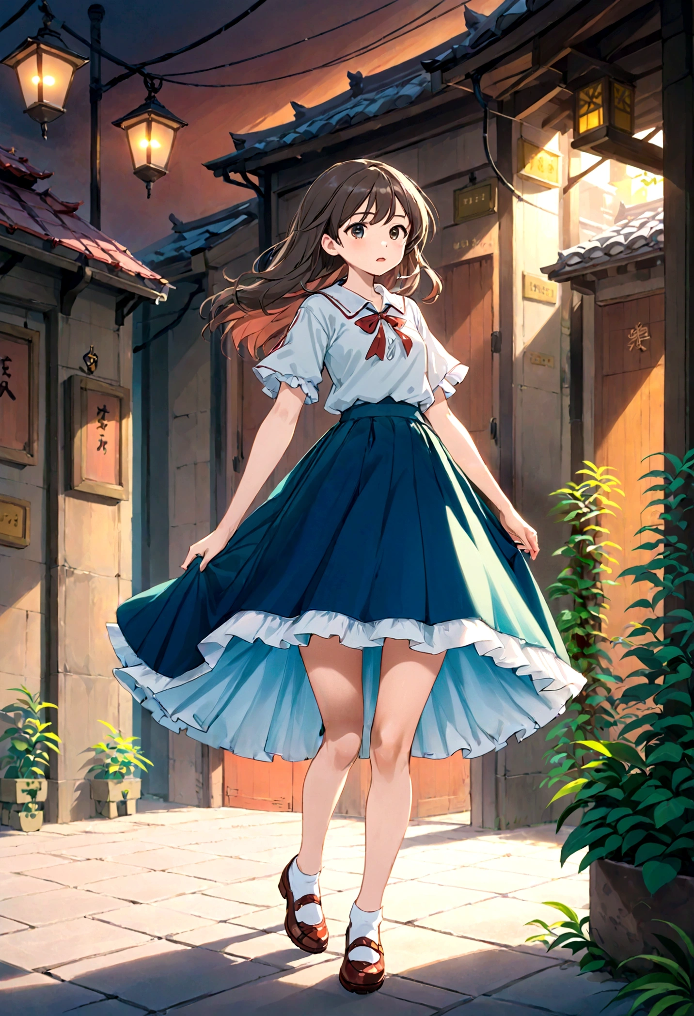 A skirt puffed up by the strong wind、、Skirt that is flipped、Trailing behind、
裏地がI can see it 、White lining、I can see it、Anime White Panties、Crotch is visible