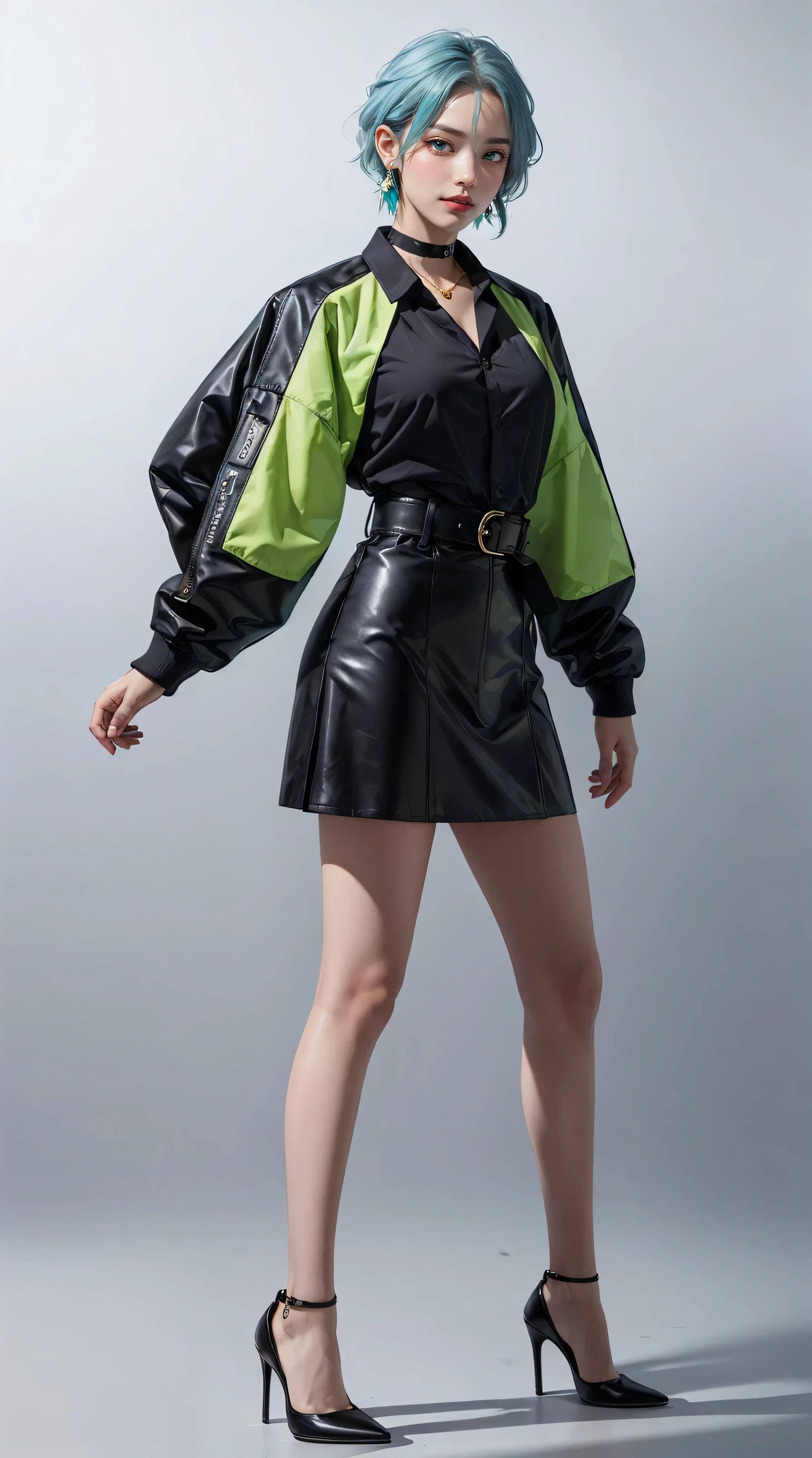 masterpiece, best quality, 4K, ultra-detailed, photorealistic, ((1 girl with T-pose)), ((T-pose)), ((standing with T-pose)), (facing forward), (A fascinating eye for perfect detail:1.2), smirk, (gold earrings), (short light blue hair), black choker, ((wearing a black jacket over a white collared shirt)), (long sleeves), ((black skirt)), (black belt), (black high heels), (front view), (full body), (green colored background)