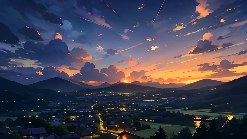 Anime Style,evening,eveningの空,Mountain々,Surrounded by clouds,Green fields and forests,Beautiful sky,Beautiful views