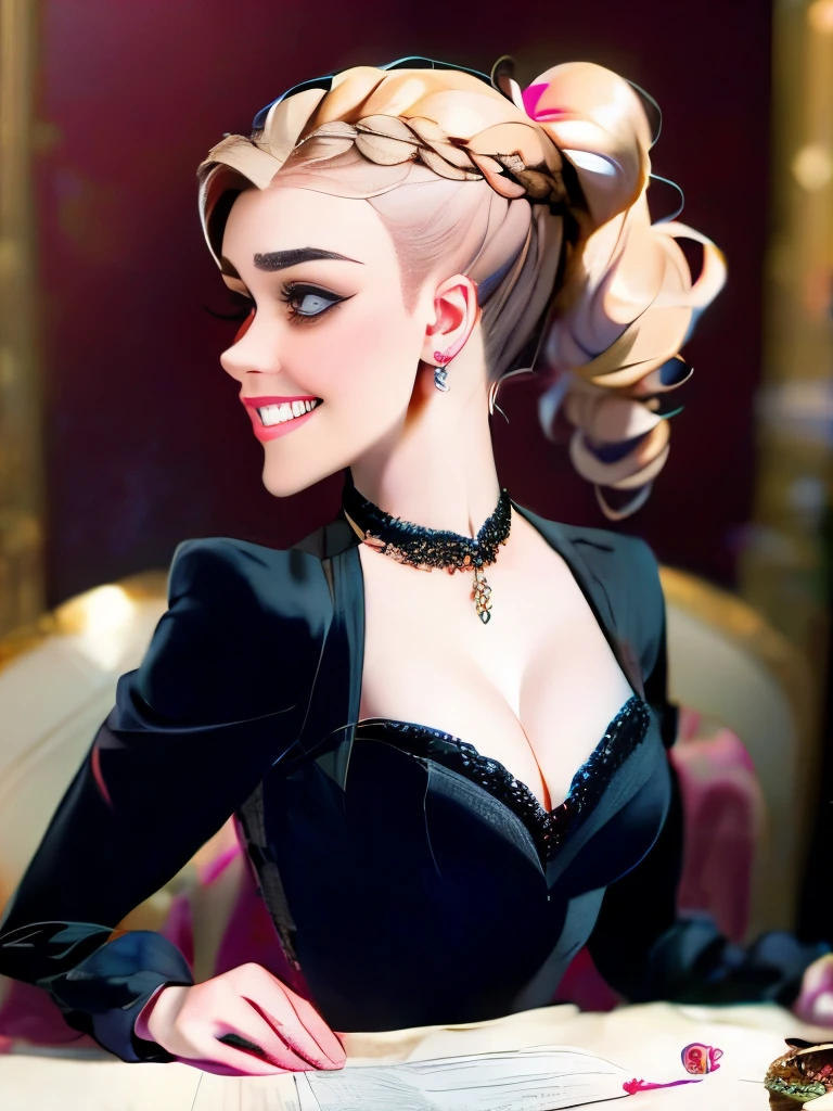 woman with long hair in a black dress and a brown jacket, a portrait inspired by Hermione Hammond, tumblr, art nouveau, long braided curly brown hair, braided brown hair, gorgeous kacey rohl, her wardrobe is attractive, olivia culpo as milady de winter, beautiful stella maeve magician, long dark braided hair, her hair is in a pony tail