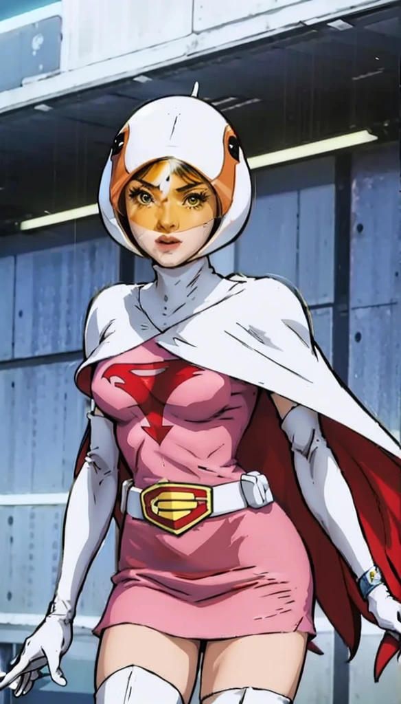 A woman in a pink dress and cape is standing in front of a building, Power Girl,Jun the Swan、Science Ninja、 As a retro-future heroine, As a retro-future heroine, Sheila, she - ra, Anime Female Hero Portrait, A modern portrait of Darna, anime visual of Supergirl, Supergirl, Official Art, Dinah Drake, hironaka, Blowjob White Mech