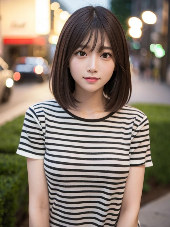 masterpiece, highest quality, High resolution,alone,Brown,artistic,Best lighting,Casual clothing,Flat Chest,Beautiful Face,expensive,smile,light makeup,Age 24,Calm woman,Detailed Hair,Laughing woman,Face Focus,Bob Cut Hair,Very white skin,Thin eyebrows,Woman wearing striped clothes,outside,night,Background Bokashi,illumination,Low exposure
