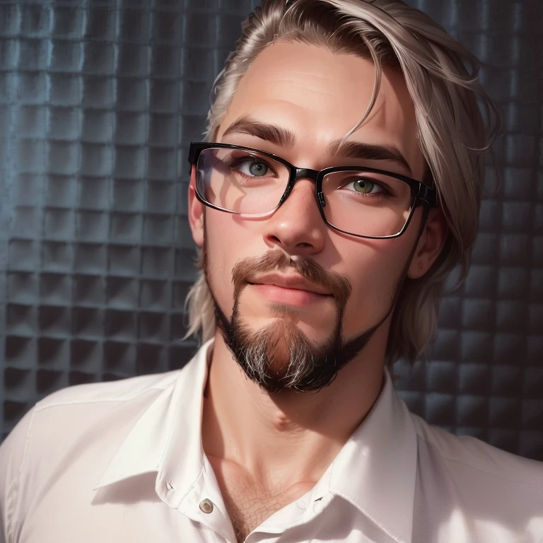 there is a man with glasses and a beard wearing a white shirt, with a nerd glasses and goatee, with a nerd! glasses! and goatee, with glasses and goatee, 1 / 2 head shots, Twitch streamer / gamer Ludwig, 1 / 4 headshots, shot in the chest, portrait in the middle of the shot, Studio shot, The picture is very, very low quality