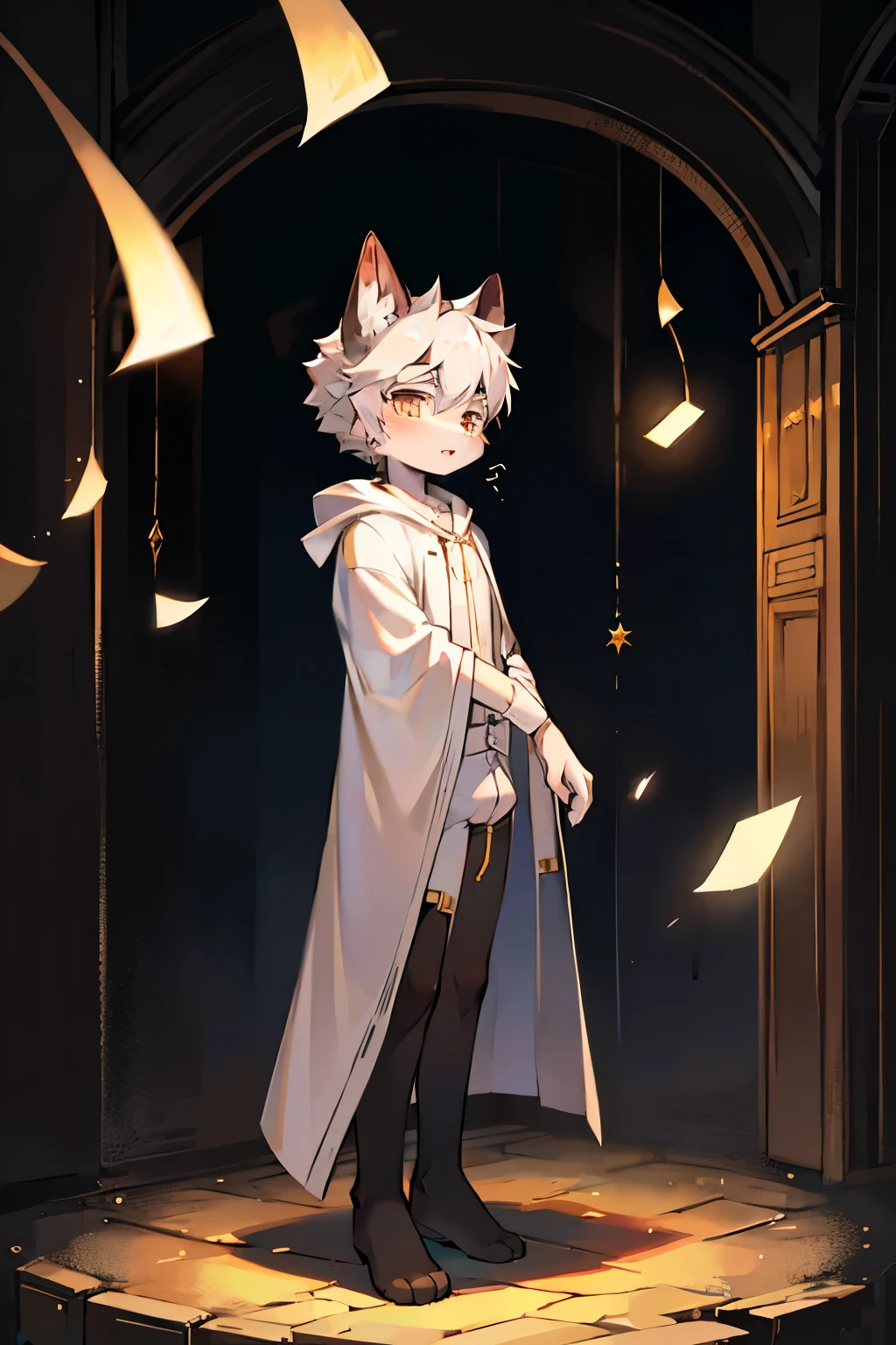 Siamese Cat Boy，Cat ear，furry men，Characteristics of three-year-old boy，Short stature，Bright Eyes，Magician，White robe，Standing，