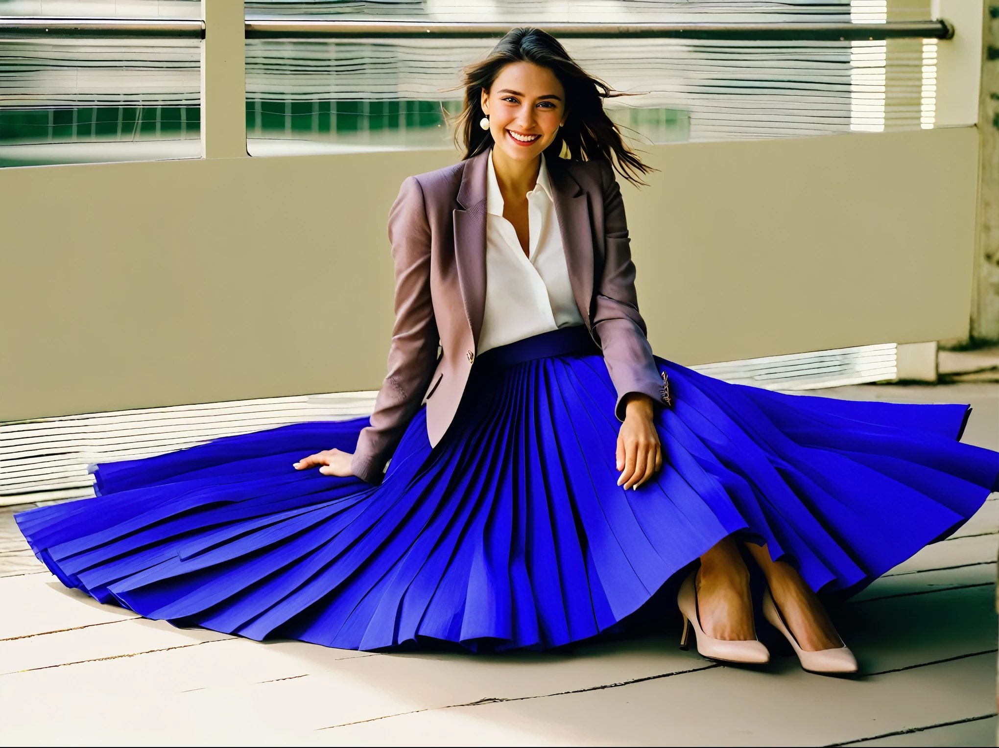 A smiling, authentic, (shy:1,3), kind, beautiful woman, is passionately in love with her skirt, wind wildly flowing her skirt, wearing short blazer and (long (fully pleated) full circle skirt) and (low heeled court shoes), very, very intricate hyper-detailed symmetric (attractive graceful young feminine face) with (sad, tired eyes and a loving smile), very voluptuous breasts, full of empathy and compassion and love, (pronounced (feminine) features), (highly detailed ultra accurate realistic) hands and fingers, (windy), epic composition, highly detailed attributes, (35mm f1.4 Kodak portra 400 photograph), extremely high quality RAW photograph, highly detailed atmosphere, sci-fi, cinematic shot, dynamic lighting, 75mm, Technicolor, Panavision, cinemascope, sharp focus, fine details, 8k, HDR, realism, realistic, key visual, film still, superb cinematic color grading, depth of field
