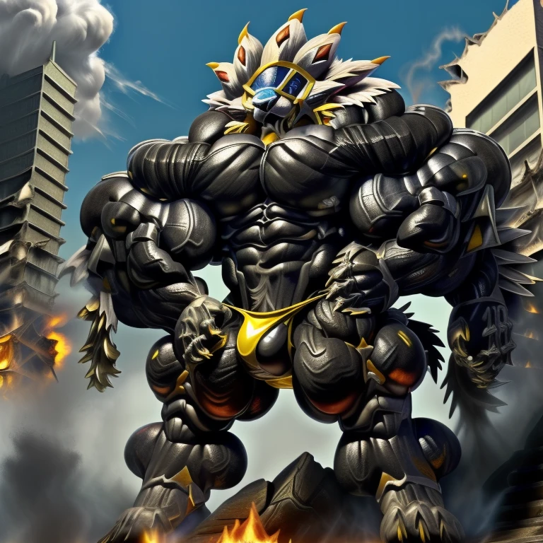 (masterpiece. official art. 8k. best quality. detailed full body. full body.) (situation 1 : dominating Solgaleo. Solgaleo is over 1000 meters long. focus GIANT mechanical Muscular Solgaleo is trampling the city. Looking down. macro. stomp) (situation 2 :smoke and flames rising from the destruction in the city) (Additional details 1: Its nanosut emphasizes the muscles. wearing crNanosuit. nanosuit. creating crNanosuit. black visor. wearing a full-face helmet. hero in anime style.) (Additional details 2: (Detailed head. Detailed Body. Detailed abs. gigantic muscles. HYPER MUSCLES. Gigachad Muscular. big muscle. pecs. triceps. traps. unusually developed muscular body. body full of huge muscles. showing off muscles. pectorales enormes. Exaggeratedly huge muscles. huge muscles. long legs. bodybuilders body.). (Additional details 3: Spread wings. It has wings. have big wings. black wings. The claws are sharp. Sharp teeth.). (tiny thong, metallic color: jet black thong.) (crotch is incredibly swollen.)