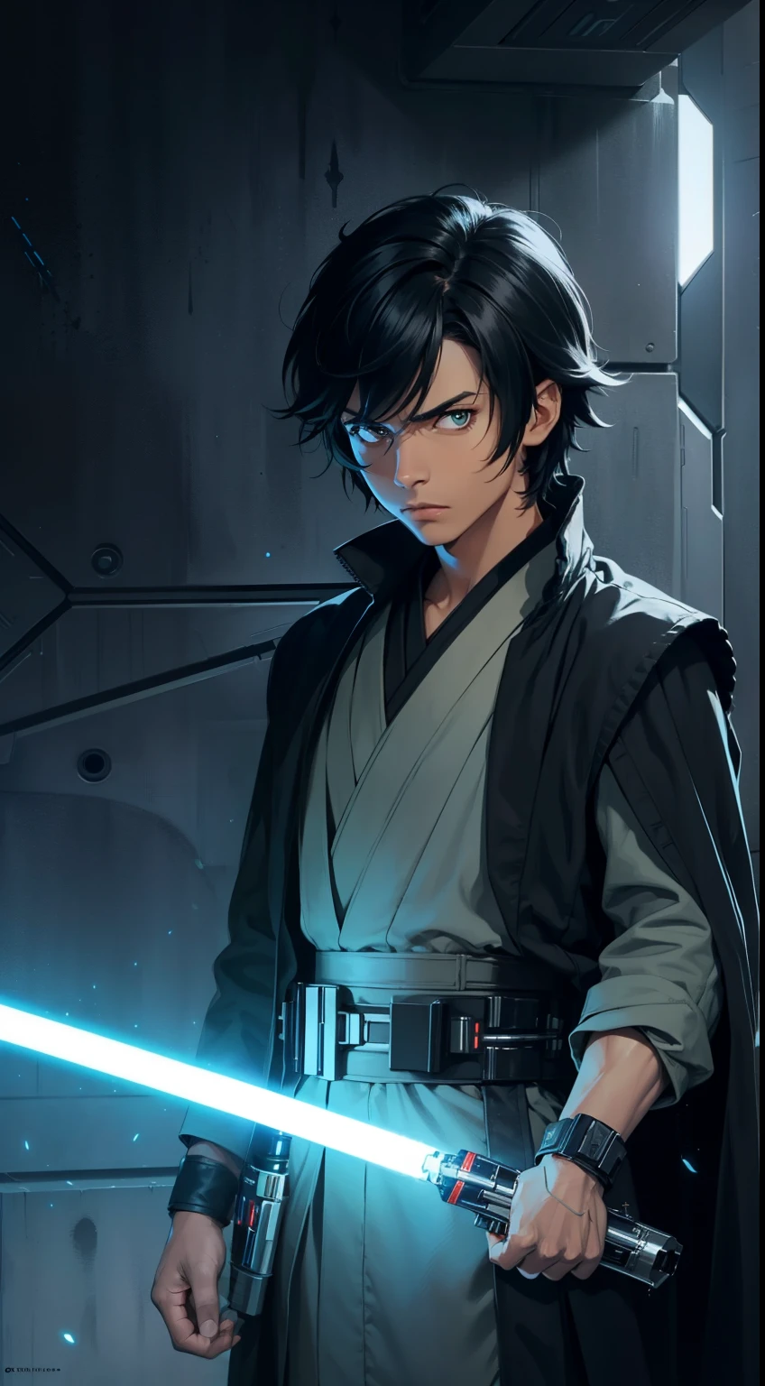 (high-quality, breathtaking),(expressive eyes, perfect face) Symmetrical Eyes, 1boy, male, solo, young adult, portrait halfbody, jedi boy, black jedi robes, (orange lightsaber blade color)), short spiky hair, rat tail hairstyle, brown skin, black hair, green eye color, dark green eyes color, ((detailed lightsaber hilt)), ((super detailed lightsaber)), ahohge, serious expression, sad face, dark skin, (detailed hands), holding lightsaber, star wars, padawan, medium hairlength,
