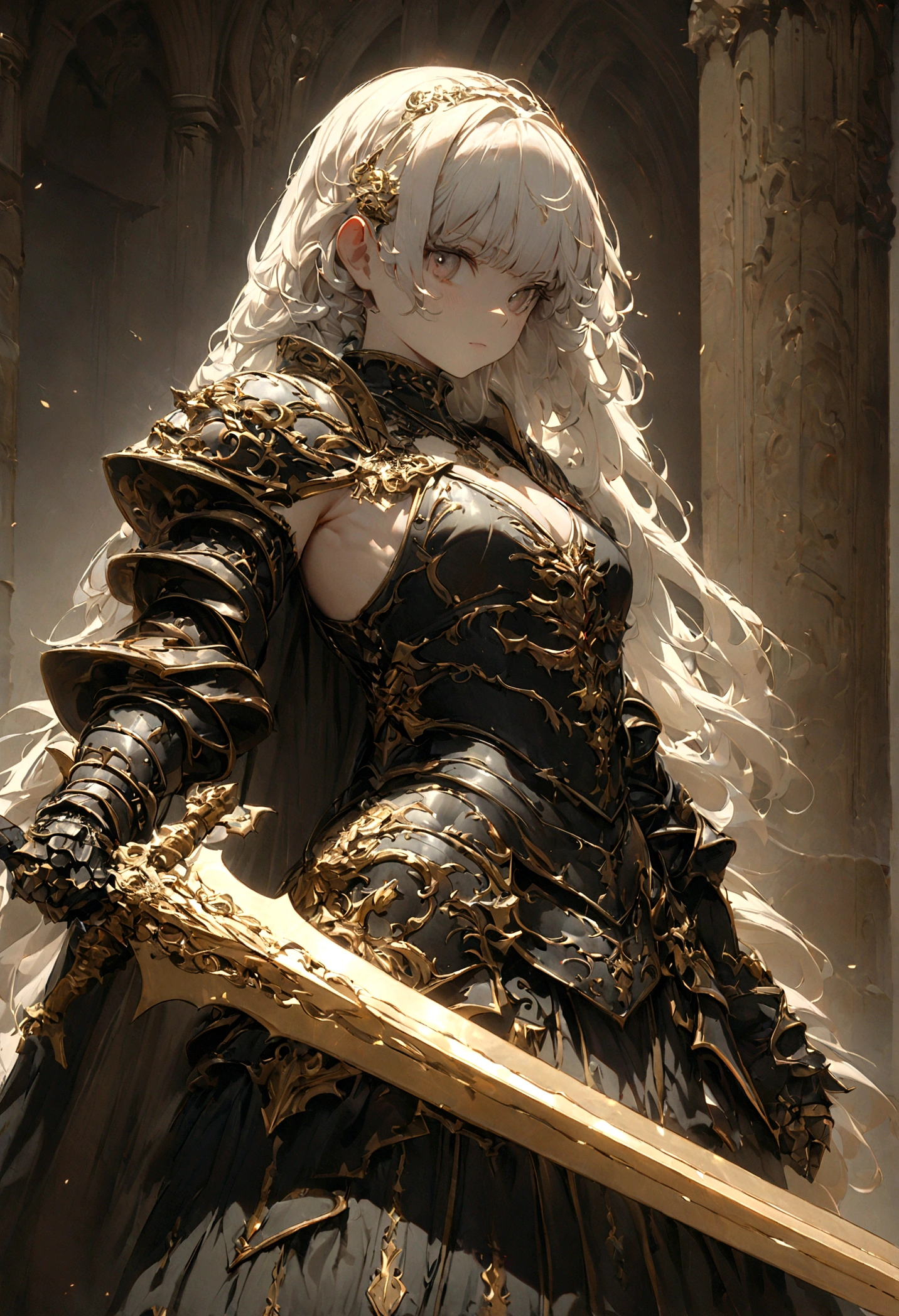 ８k、Masterpiece、Royal Knights，The entire body is covered in luxurious heavy armor with gold engravings on a black enamel base.，Point the knight's sword at the sky，Sports Late，Cleavage close-up，Solemn，Flat Chest，moderate，Humble，Cinematic, High resolution, original, complicated, high quality, Gorgeous shades, complicated details, Ultra-fine，OC Rendering