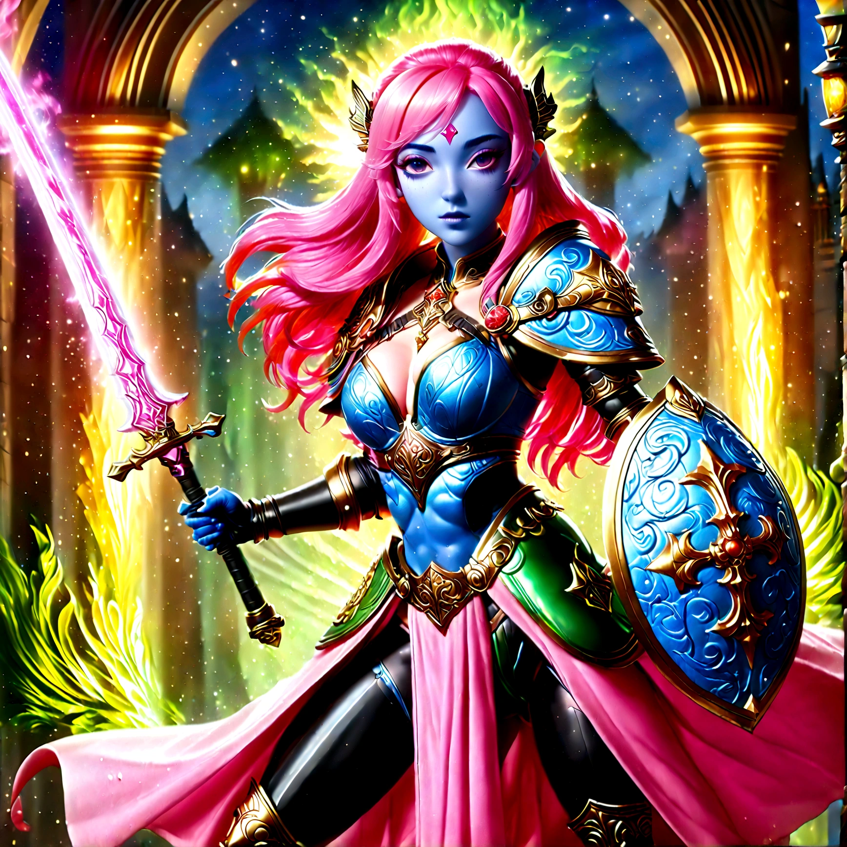 fantasy art, dnd art, RPG art, wide shot, (masterpiece: 1.4) a (portrait: 1.3) intense details, highly detailed, photorealistic, best quality, highres, portrait a female (fantasy art, Masterpiece, best quality: 1.3) ((blue skin: 1.5)), intense details facial details, exquisite beauty, (fantasy art, Masterpiece, best quality) cleric, (blue: 1.3) skinned female, ((pink hair: 1.5)), long hair, ((no ears: 1.5)), (green: 1.3) eye, fantasy art, Masterpiece, best quality) armed a fiery sword red fire, wearing heavy (white: 1.3) half plate mail armor, wearing high heeled laced boots, wearing an(orange :1.3) cloak, wearing glowing holy symbol GlowingRunes_yellow, within fantasy temple background, reflection light, high details, best quality, 16k, [ultra detailed], masterpiece, best quality, (extremely detailed), close up, ultra wide shot, photorealistic, RAW, fantasy art, dnd art, fantasy art, realistic art,((best quality)), ((masterpiece)), (detailed), perfect face, colouredglazecd_xl