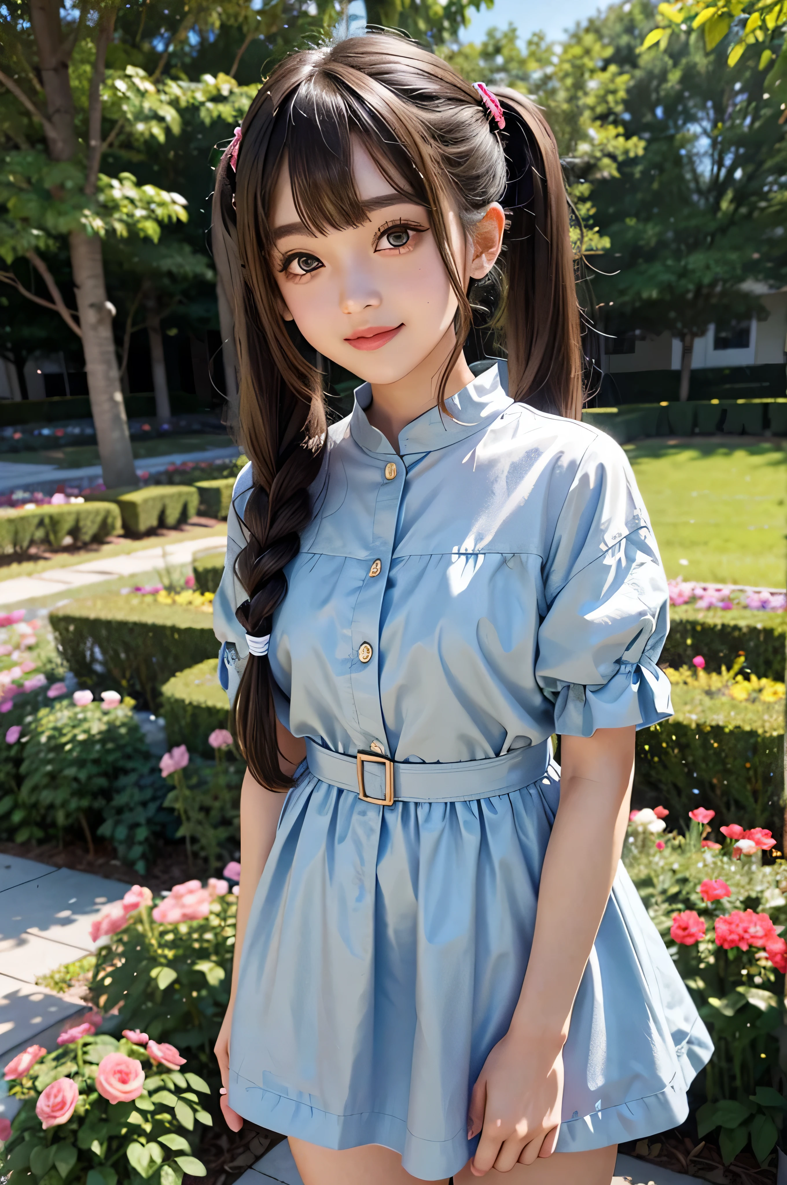 1 , lily, twintails, brunette color hair, By bangs, casual cute dress, flower, 12-year-old female model, Princess, Smile,