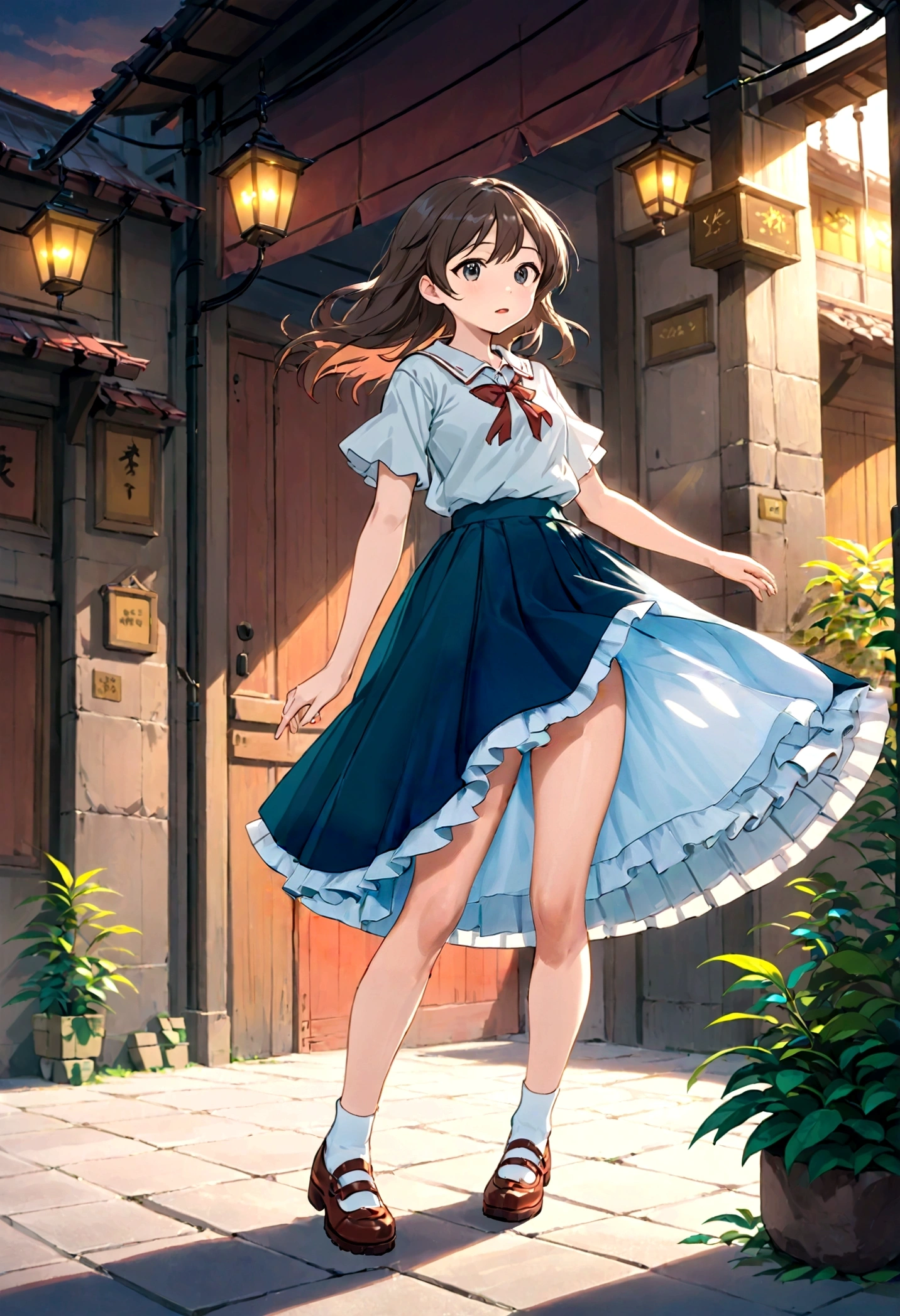 A skirt puffed up by the strong wind、、Skirt that is flipped、Trailing behind、
裏地がI can see it 、White lining、I can see it、Anime White Panties、Crotch is visible